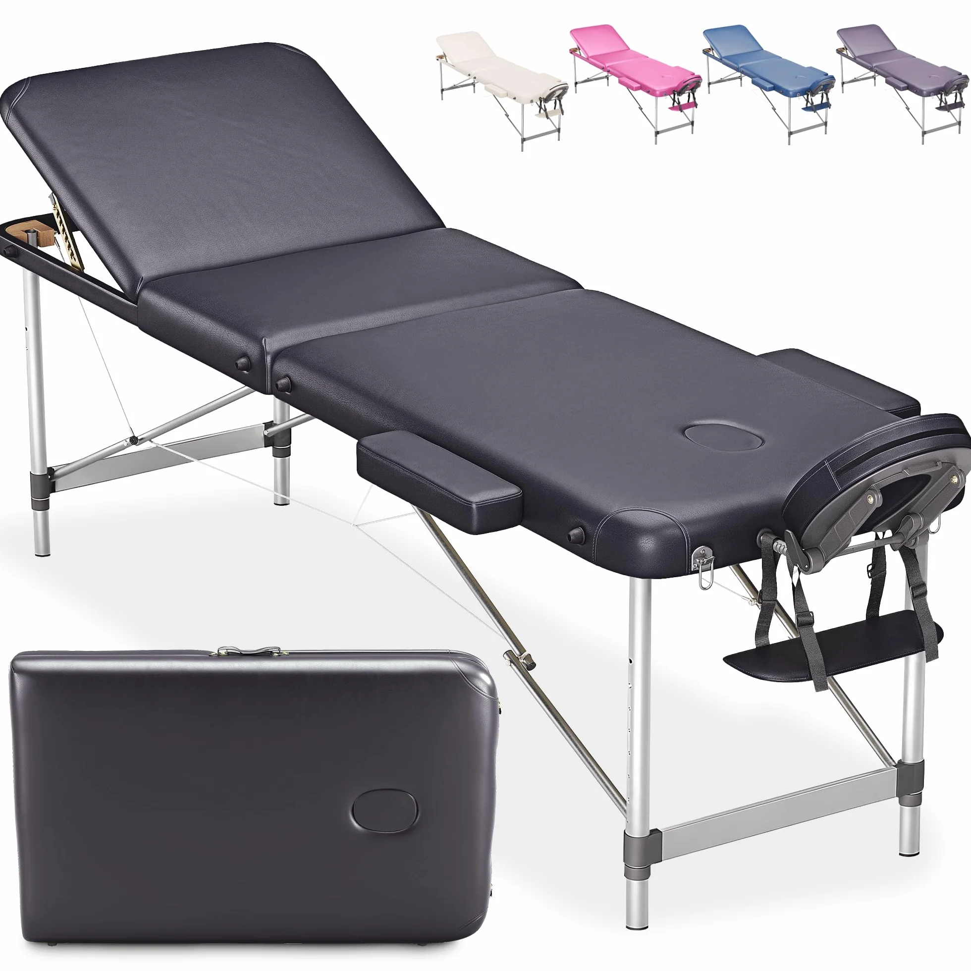 Beltom Lettino per Massaggi 3 Zone Alluminio 195x70 Cm Portatile Pieghevole Nero