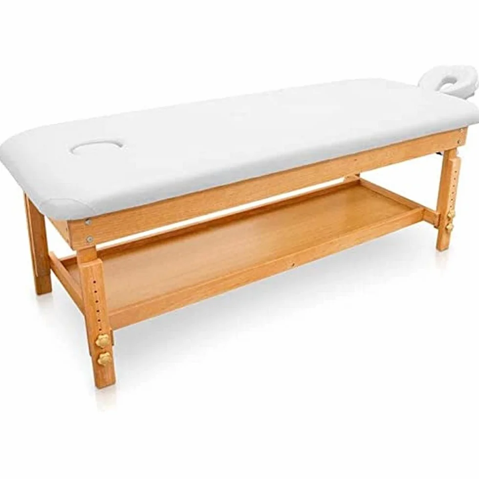 QUIRUMED Easy Fixed Lettino da massaggio in legno, colore bianco, lettino da massaggio, similpelle, altezza regolabile, testa rimovibile, vassoio del bracciolo, imbottitura ad alta densità