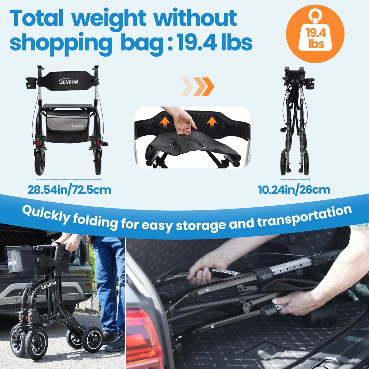 Deambulatore per Anziani in Alluminio: Girello 4 Ruote con Seduta Rollator Leggero Pieghevole - Rollator Viaggio Regolabile in Altezza con Porta Bastone e Borsa della Spesa Rimovibile amovible (Nero)