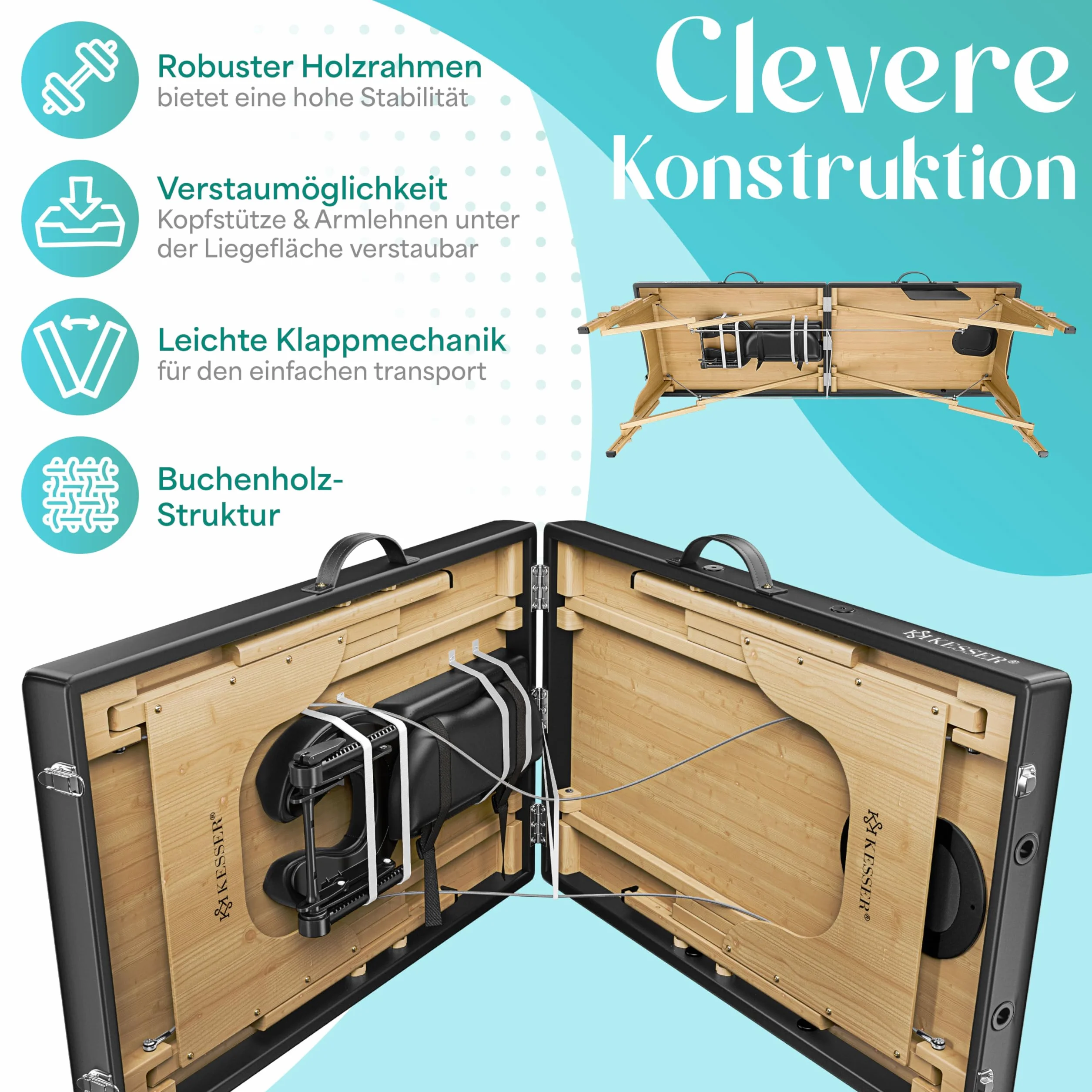 KESSER Lettino da massaggio mobile con piedini in legno, pieghevole e regolabile in altezza, max 250 kg, 2 zone, per massaggio, per cosmetici, ampio lettino terapeutico, poggiatesta e braccioli, con