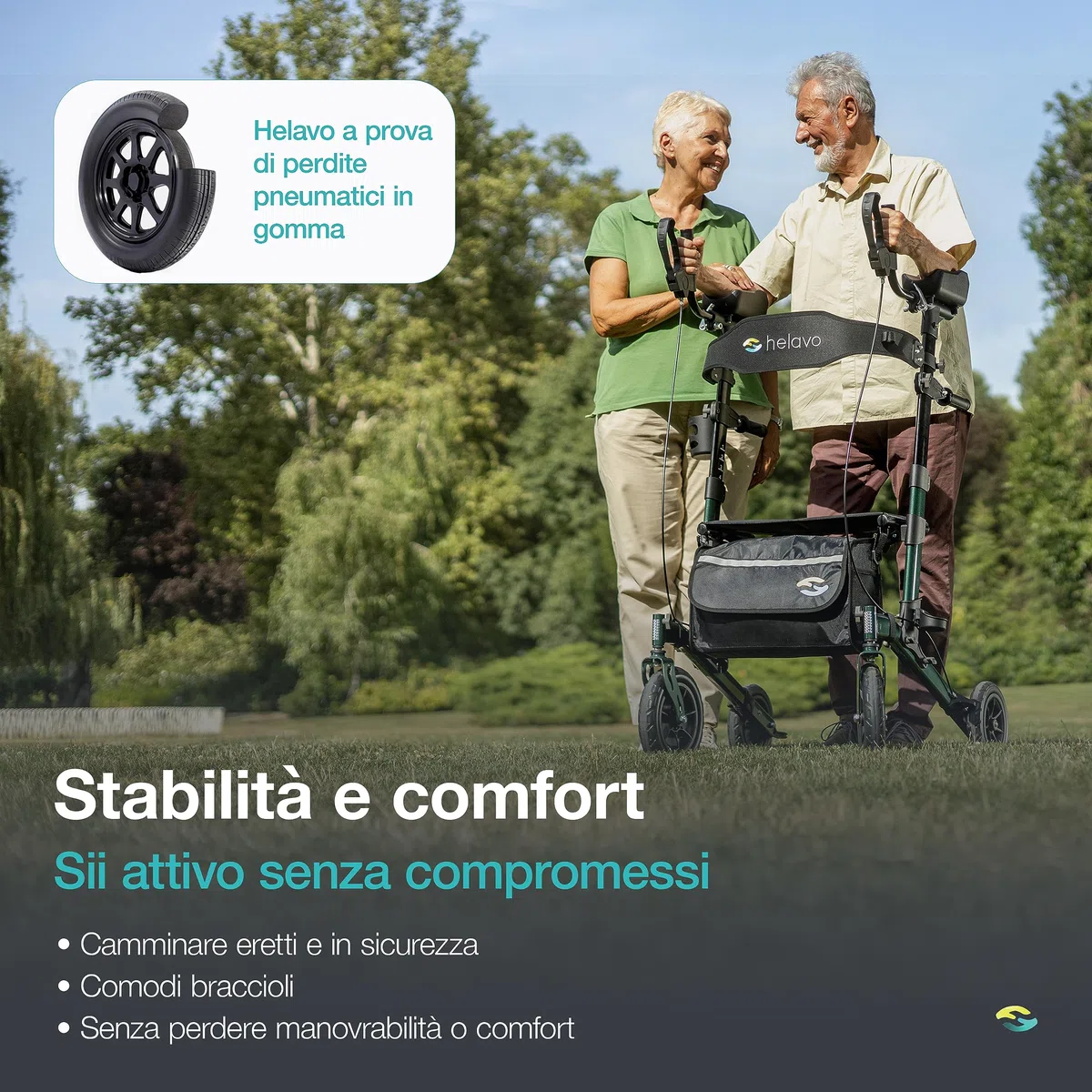 helavo H1160-EU deambulatore per l'artrite da esterno con imbottiture per avambracci – Girello per anziani con ruota gomma piena antiforatura – Massima mobilità e comfort all'aperto