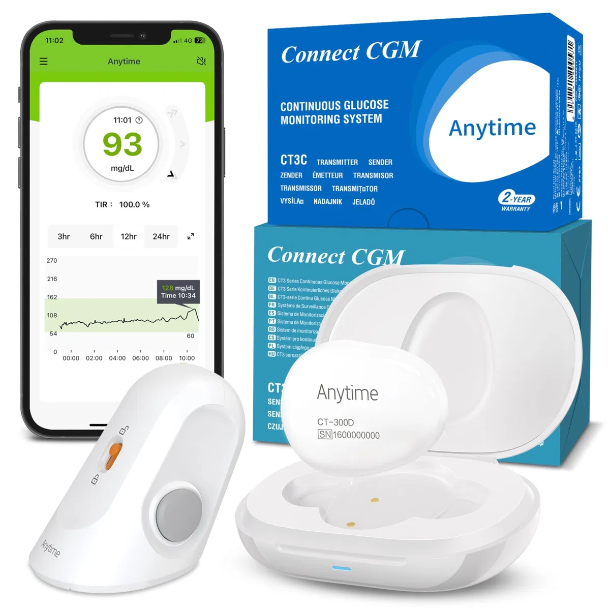 Connect Sistema di Monitoraggio Continuo del Glucosio – Trasmettitore e 1 Sensori (14 Giorni) | Glucometro Senza Puntura con Avvisi Intelligenti e Condivisione Dati