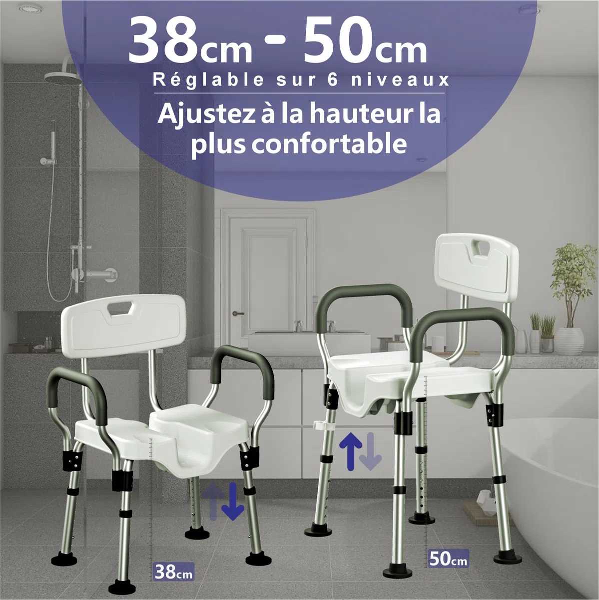 Sedia da Doccia LITTNEO Regolabile con Schienale/Braccioli Sedile da Doccia Resistente, Sagomato, Sedile Antiscivolo a Forma di U per Anziani, Disabili, Donne Incinte