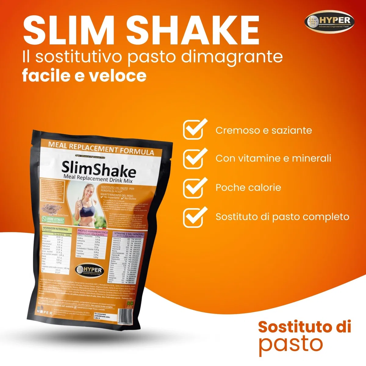 Hyper Slim Shake - Sostituto Pasto Dimagrante gr 3000 Gusto Cacao - Pasto Sostitutivo Dimagrante per Frullati e Shakes Proteici Ideale per Perdita e Controllo del Peso Forma. Made in Italy