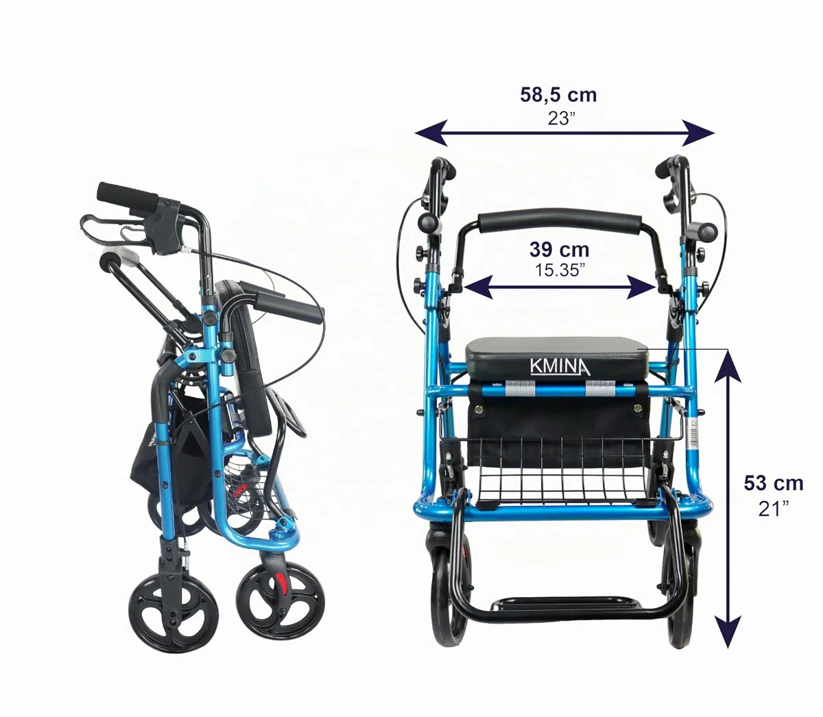 KMINA Deambulatore con Seduta 2 in 1 per Anziani, Rollator Pieghevole con Funzione Trasporto, 4 Ruote da 20cm, Freni a Leva e Cestino, Altezza Regolabile 82,5-95cm, Alluminio, Max 136kg, Nero