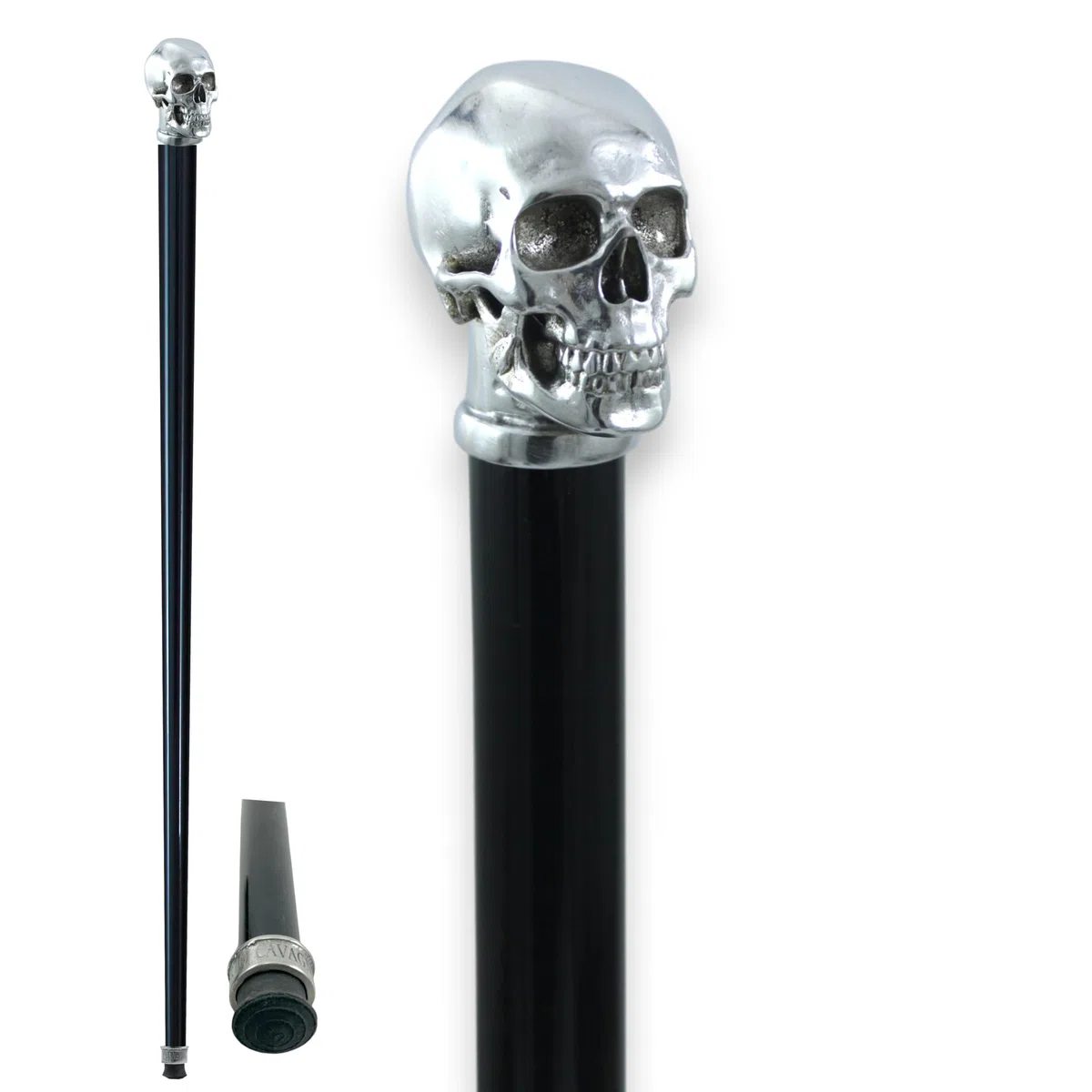 CAVAGNINI Bastone da Passeggio Teschio per Uomo - Elegante in Faggio Fatto a Mano - Maniglia in Peltro Color Argento con Nome Inciso