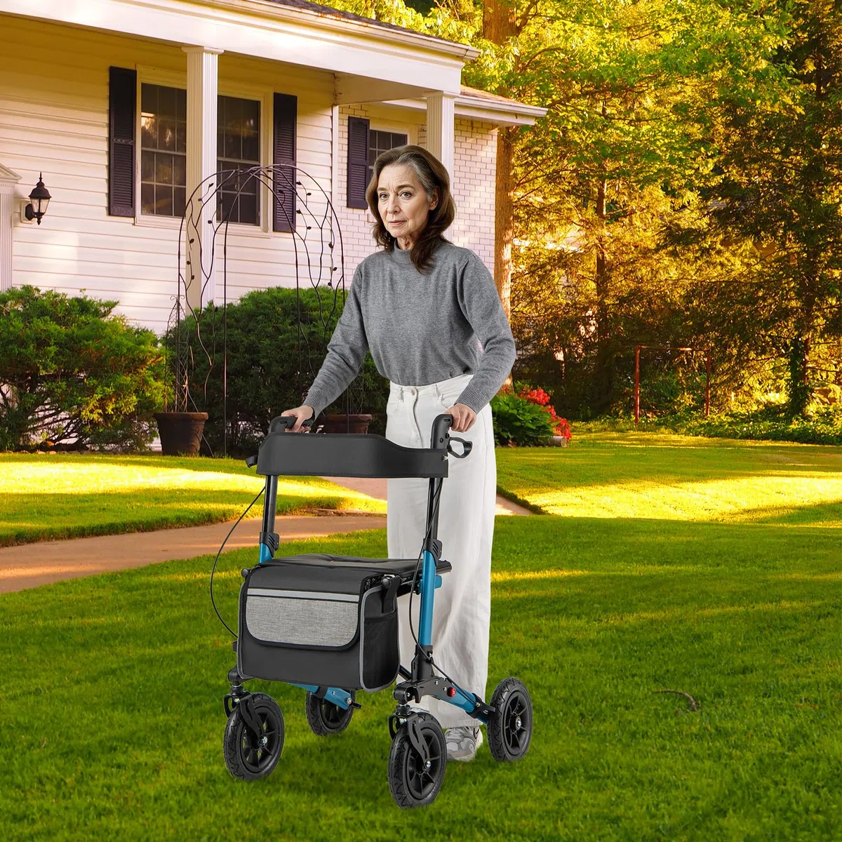 HOMASIS 2 in 1 Deambulatore per Anziani con Seduta, Deambulatore Pieghevole e Regolabile in 7 Altezze, Carrello Rollator in Alluminio per Anziani da Viaggio con Borsa, Fino a 140 kg (Blu)