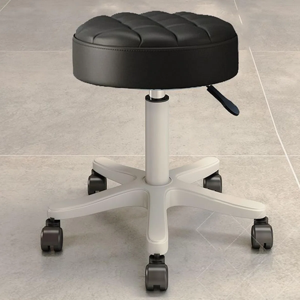 Piccola sedia rotonda con ruote, in pelle PU, regolabile in altezza, girevole, per lavoro, massaggi, spa, salone, casa, ufficio, (nero)