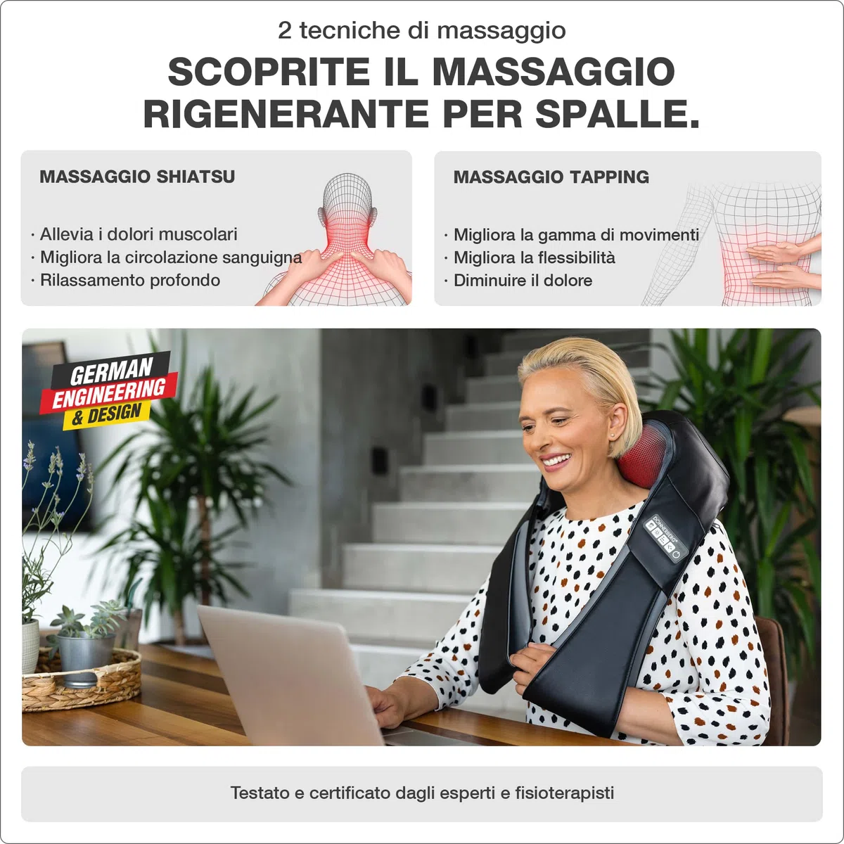 Massaggiatore schiena e spale Donnerberg - Massaggio dei tessuti profondi - 2 tecniche di massaggio - Shiatsu e percussioni con infrarossi - Alta qualità tedesca -7 anni di garanzia sul motore