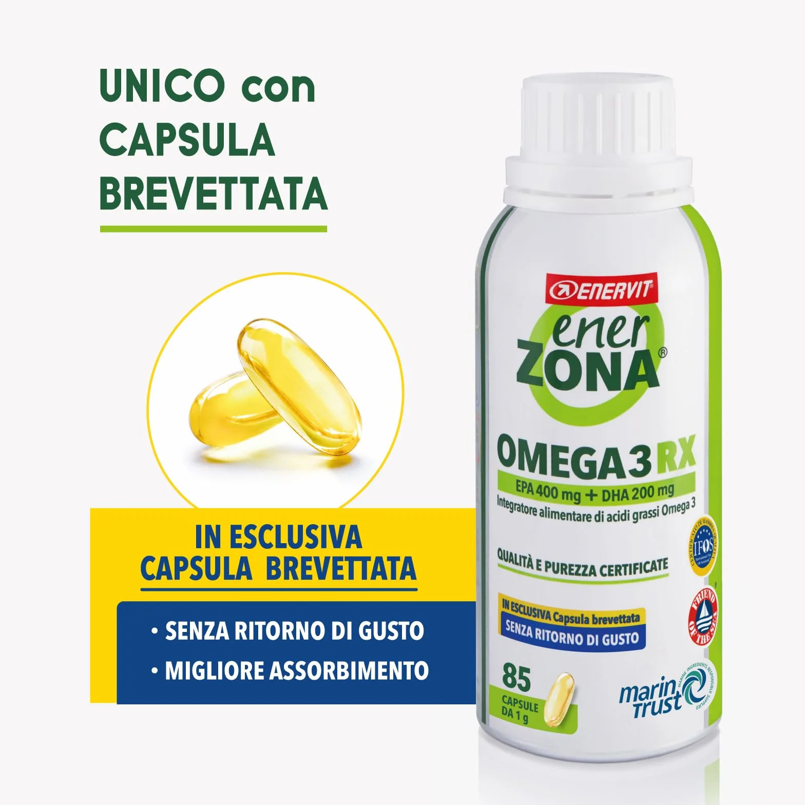 Enervit Enerzona Omega 3 RX 85 Capsule 1g Integratore IFOS Acidi Grassi Cuore Vista Cervello Olio di Pesce 1000mg Senza Glutine