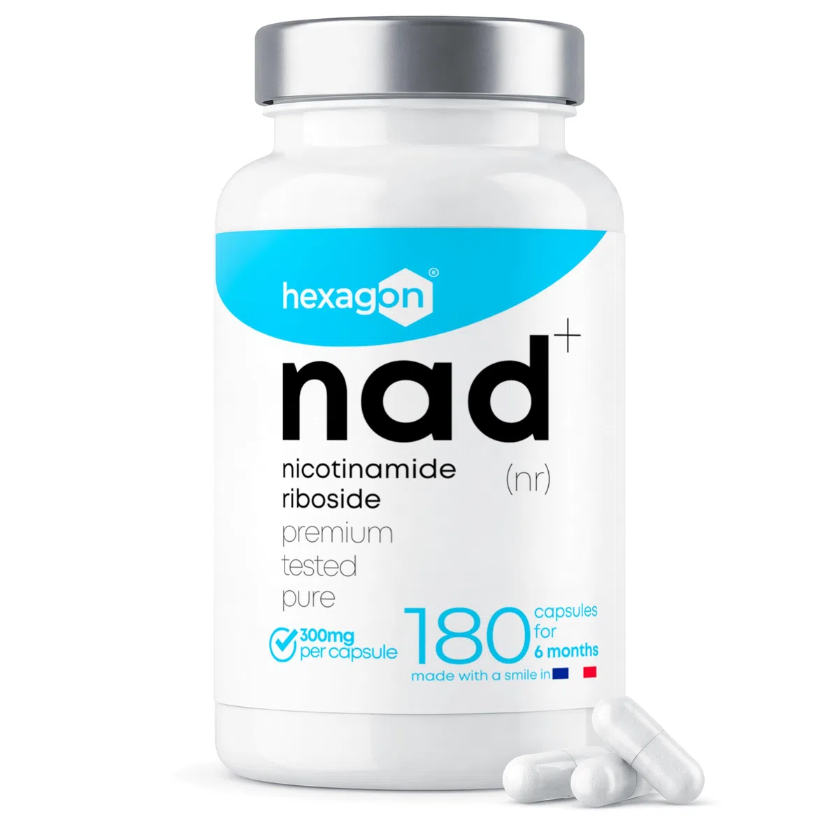 NAD+ Nicotinamide Riboside Chloride 300mg - +6 Mesi di Cura - NAD Booster - Anti-Età e Contro la Fatica, Supporto Nervoso - 180 Capsule Vegetali - Vegan & Premium - Hexagon