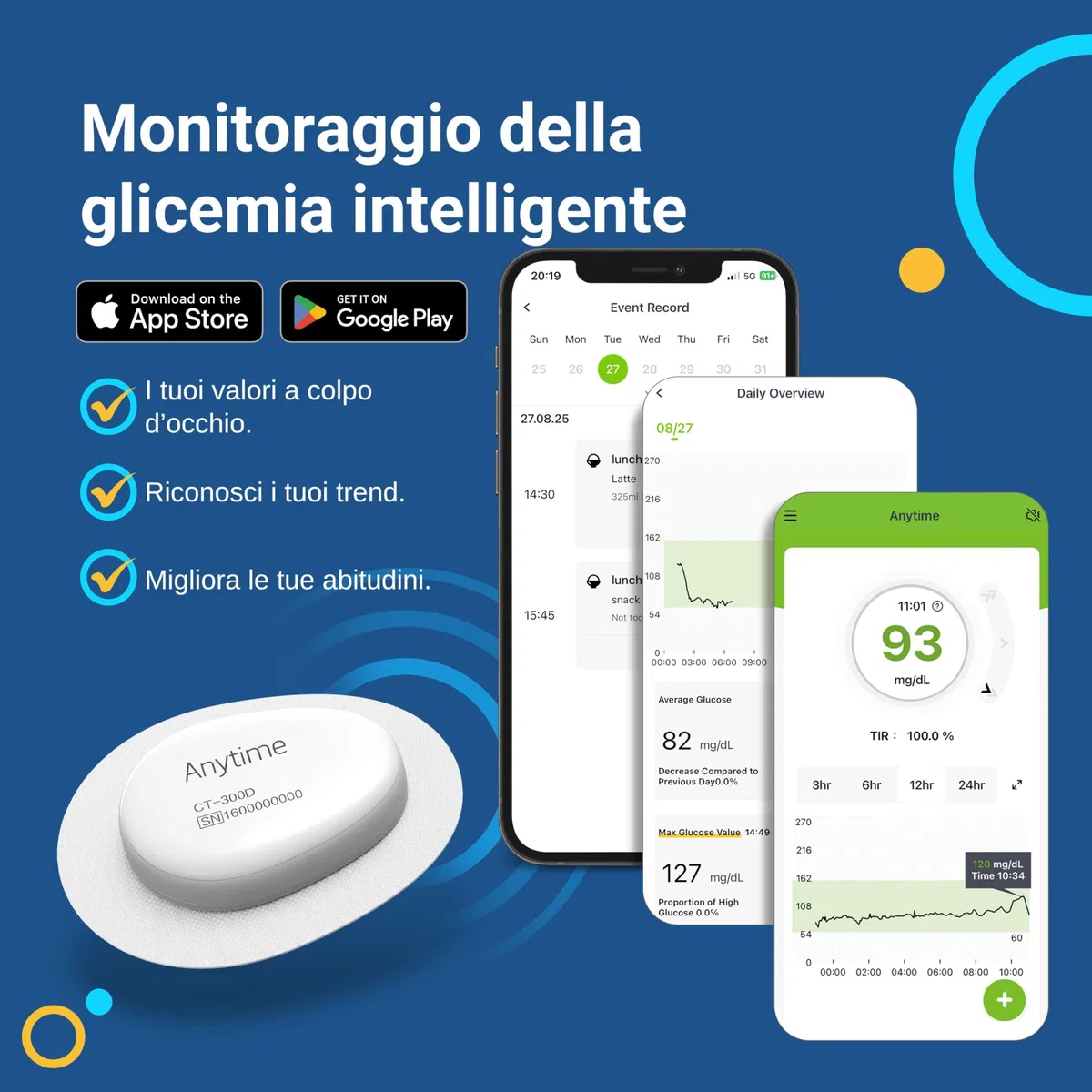 Connect Sistema di Monitoraggio Continuo del Glucosio – Trasmettitore e 1 Sensori (14 Giorni) | Glucometro Senza Puntura con Avvisi Intelligenti e Condivisione Dati