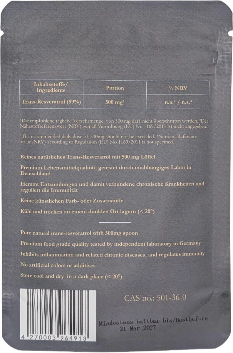 Resveratrolo | Qualità premium testata in Germania | Polvere con purezza al 99,3%