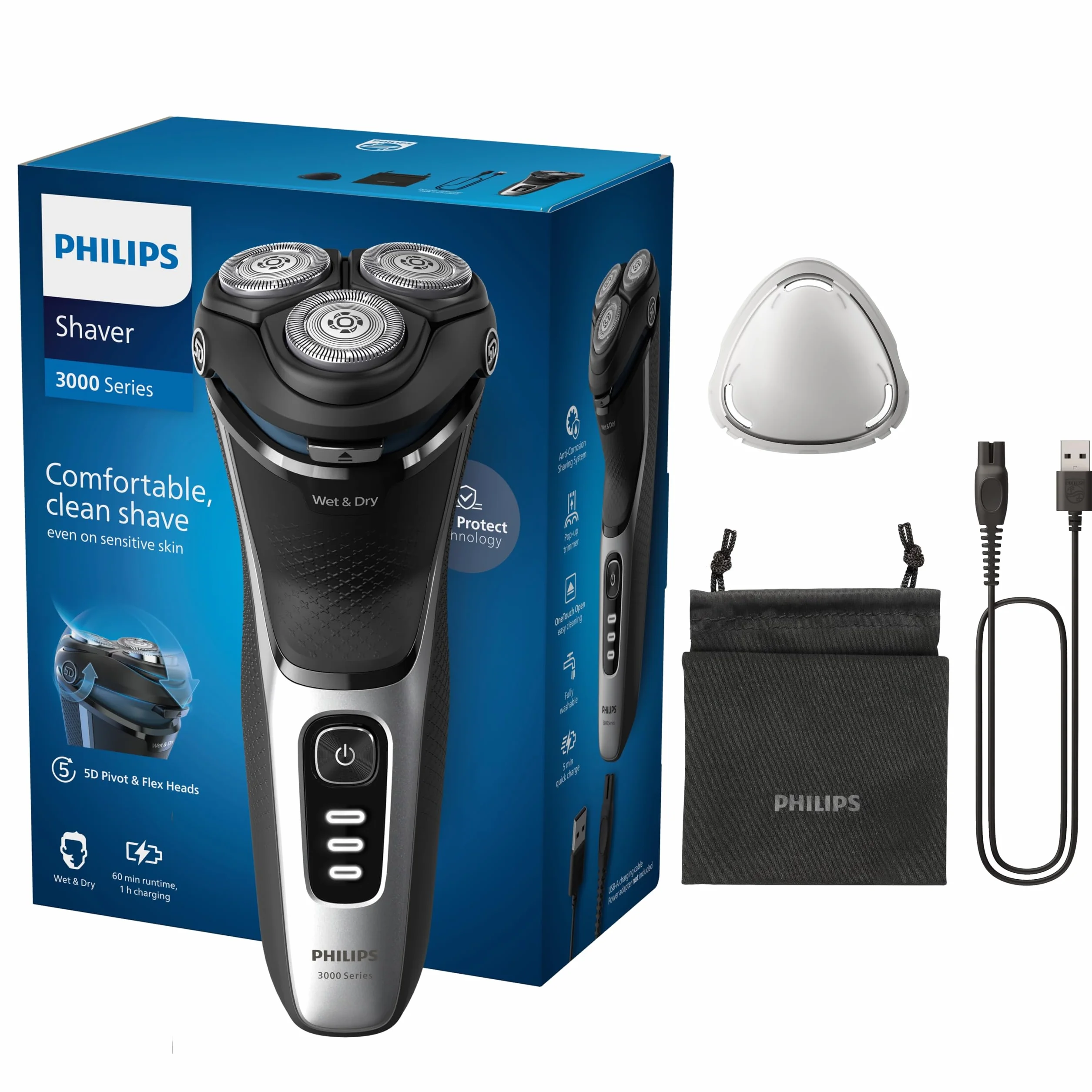 Philips Serie 3000 Rasoio Elettrico Wet & Dry Uomo SkinProtect Deep Black S3241/12