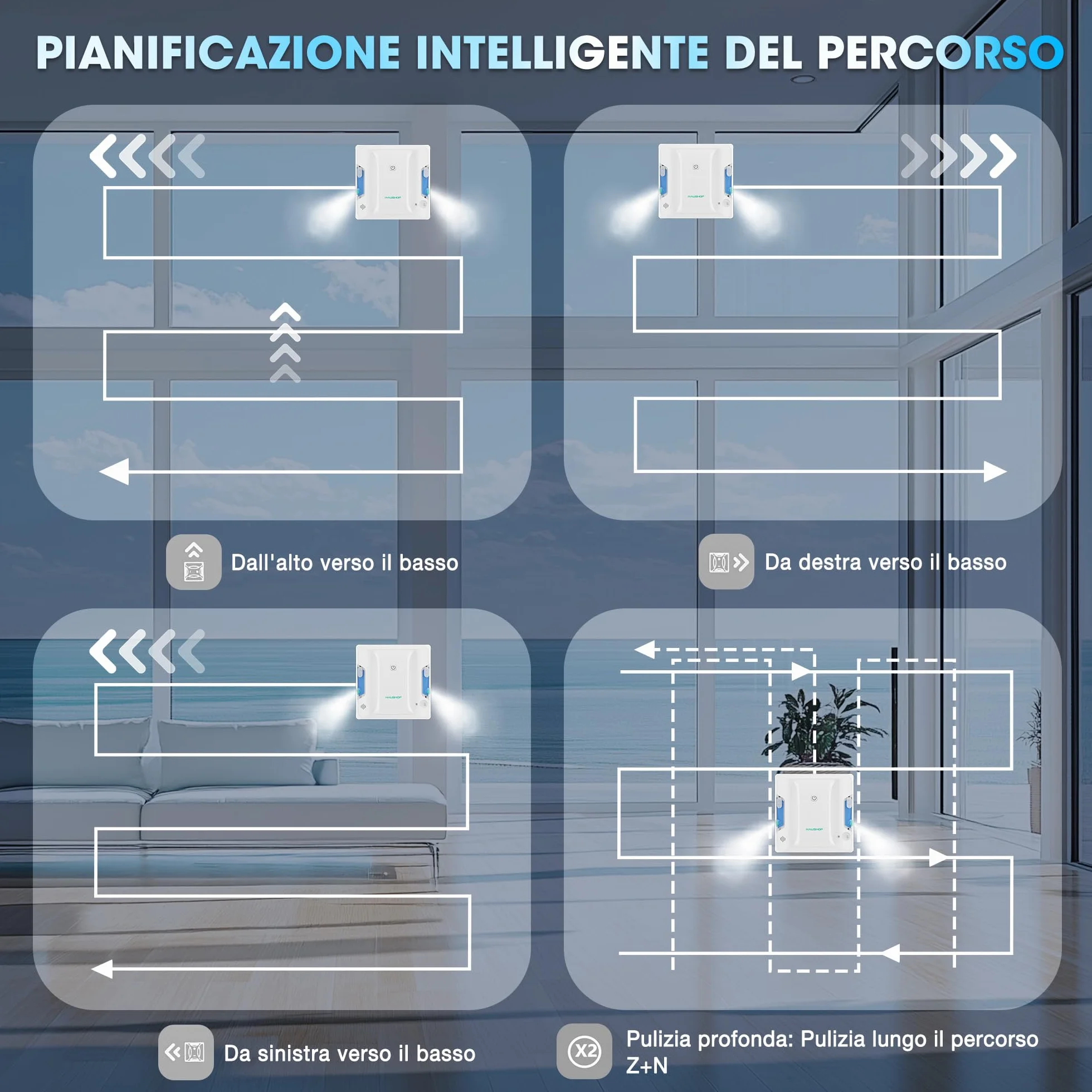 HAUSHOF Robot Lavavetri Finestre, Doppi Ugelli Spruzzo Ultrasonico, Percorso Intelligente, 3 Modalità Pulizia
