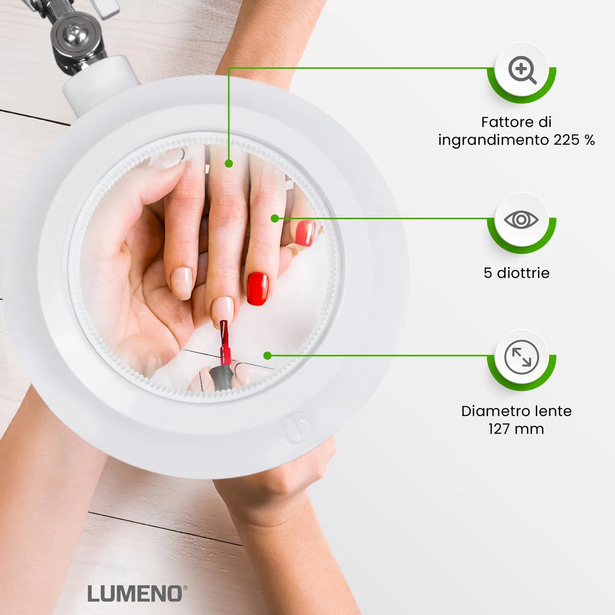 Lampada d'ingrandimento Lumeno Lambda M, dimmerabile con lente in vetro cristallino da 127 mm, ideale per saloni di bellezza, studi medici, hobbisti, ausili per la lettura, Verde 5 diottrie
