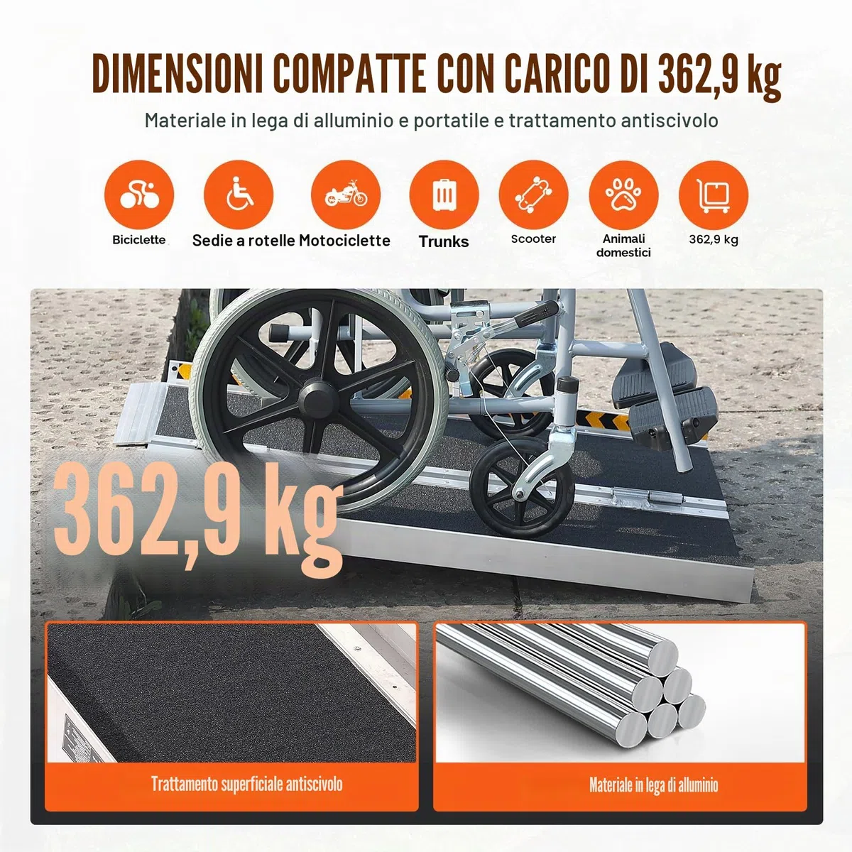 VEVOR Rampa per Sedia a Rotelle Portatile, 800 Libbre, Rampa con Soglia Pieghevole in Alluminio Antiscivolo, Rampa per Scooter per Mobilità Pieghevole per Gradini di Casa, Scale, Porte, Cordoli