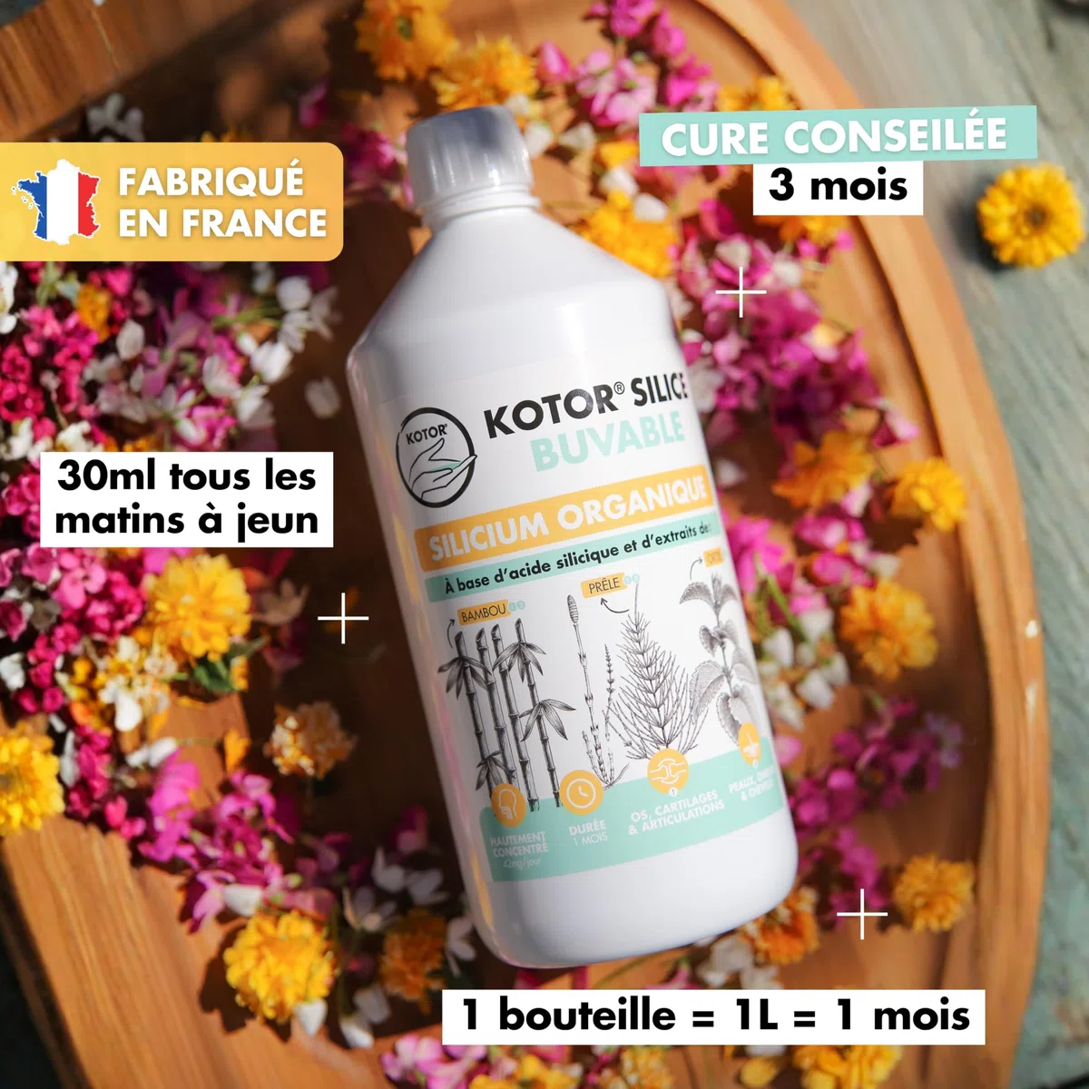 KOTOR SILICE BUVABLE 1L | Set di 3 | Silicio organico francese e naturale, salute delle articolazioni, cartilagine, ossa, pelle, capelli, unghie | silicio + ortica + equiseto + bambù | 3 mesi