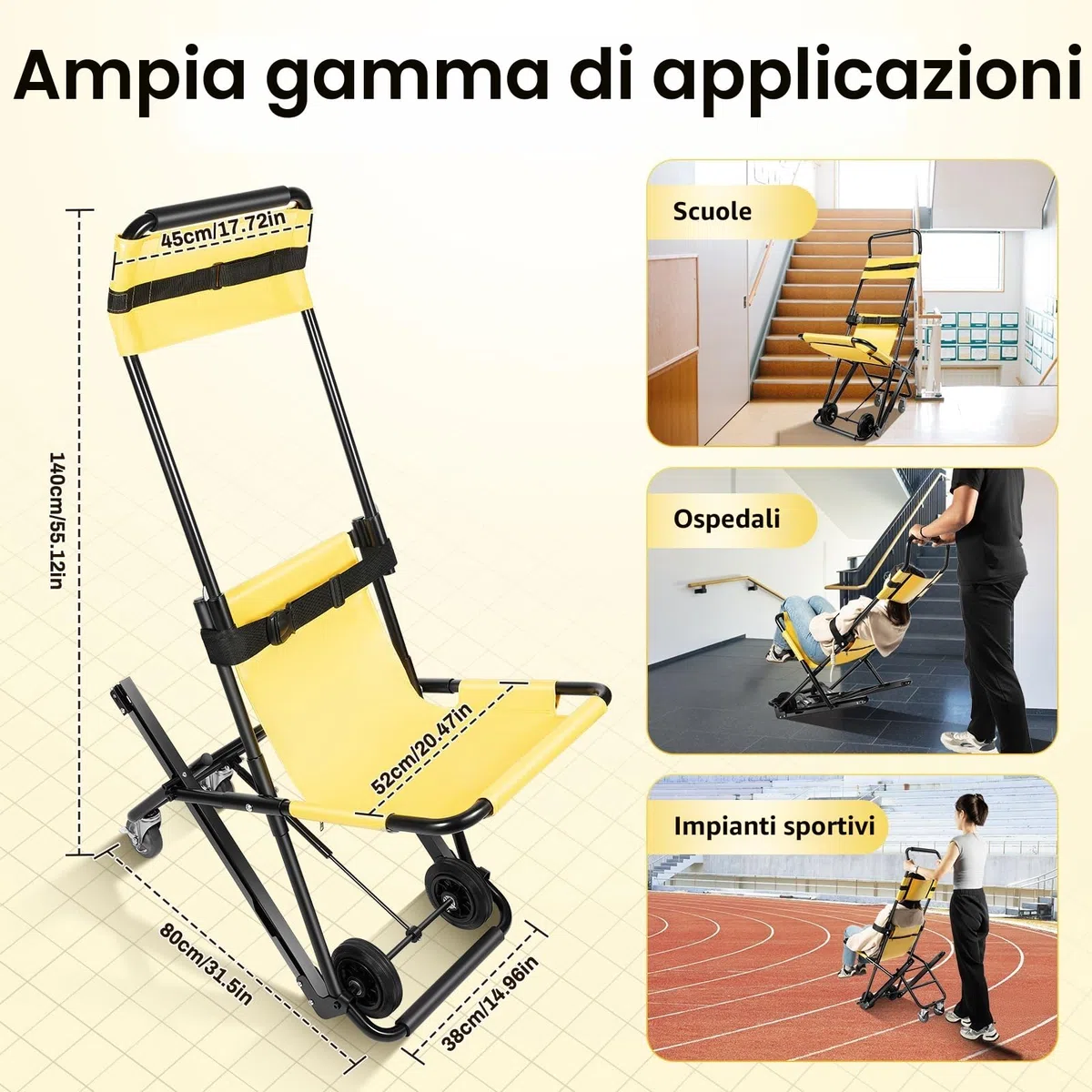 Sollevamento delle scale pieghevole per sedia a rotelle, sedia a rotelle pieghevole, attrezzi per salire le scale con poggiatesta regolabili e cinture di sicurezza