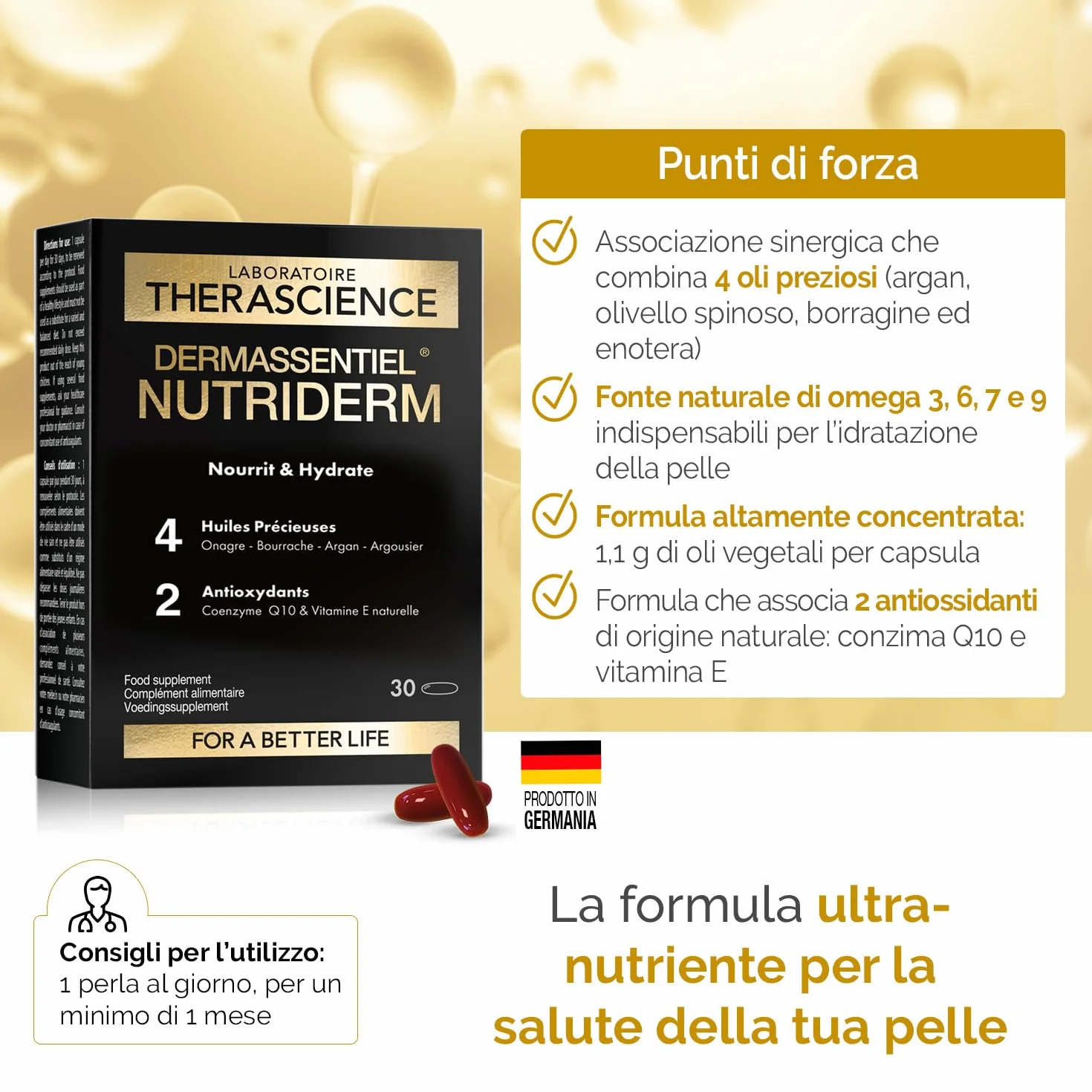 Laboratoire THERASCIENCE DERMASSENTIEL NUTRIDERM 30 kapsułek Argan Onagra Borragine Olivello Omega 3,6,7,9 Coenzima Q10 Vitamina E
