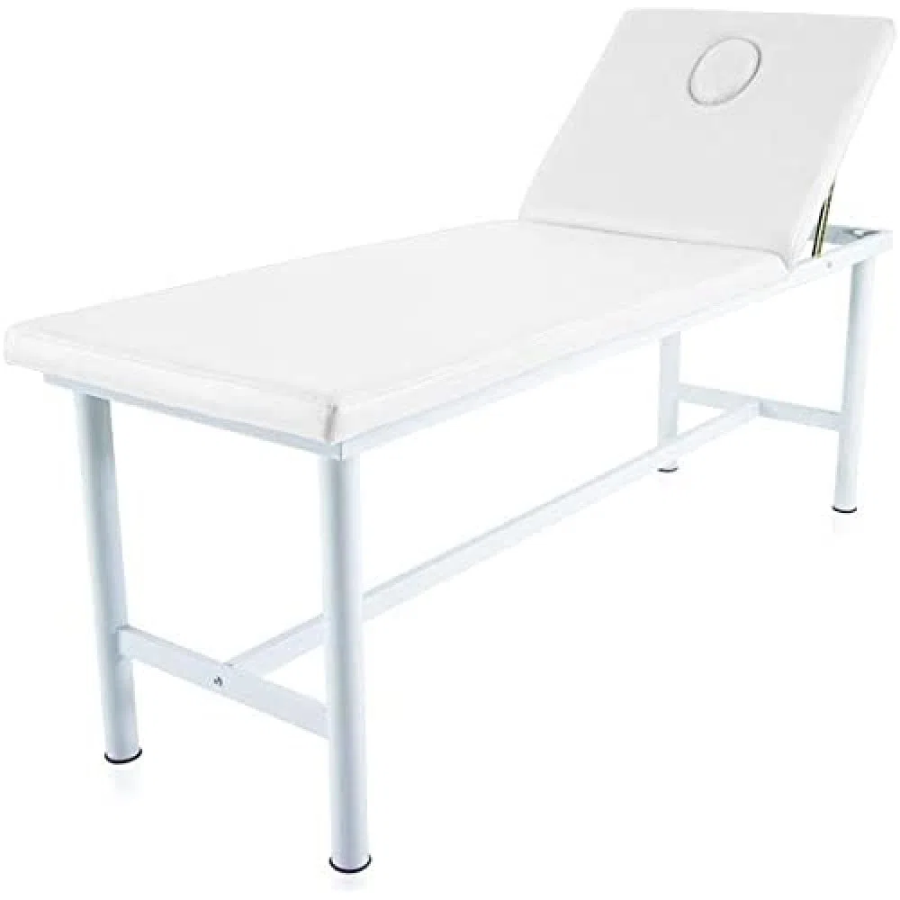 QUIRUMED Lettino da massaggio fisso in acciaio, similpelle, colore bianco, con tappo facciale, foro facciale, schienale regolabile, leggero, 186 x 62 x 69 cm, fino a 120 kg