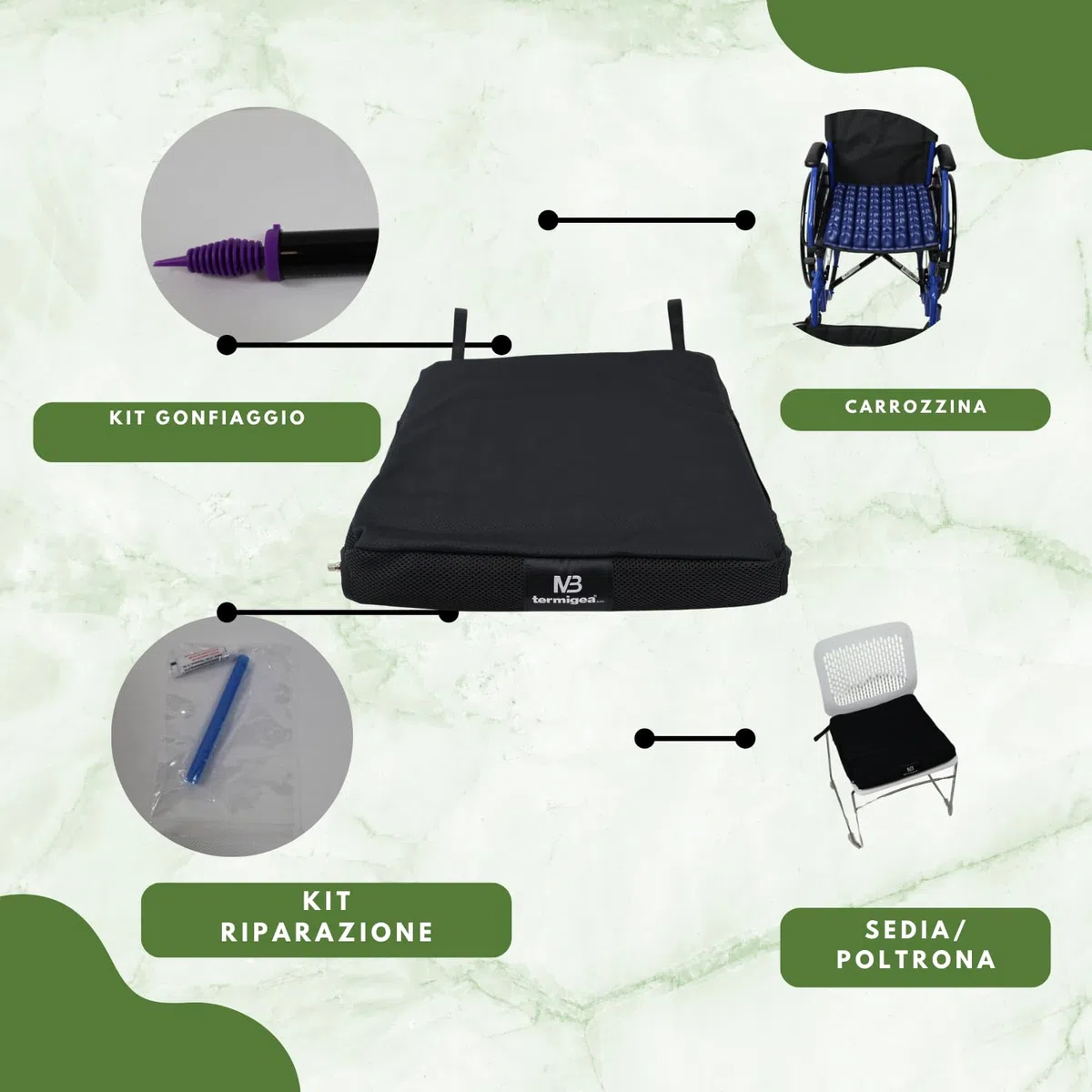 TERMIGEA Cuscino antidecubito a bolle d'aria con di pompa per regolazione della pressione e Kit di Riparazione. CA1000 con 64 celle alto 6cm40X40 Cuscino decubito per la prevenzione delle piaghe.