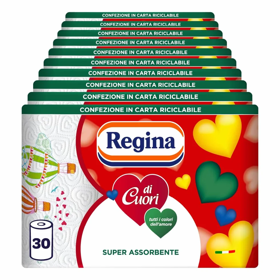 Regina di Cuori Carta Cucina 30 Rotoli 2 Veli 50 Fogli Assorbenza Spessa Resistente FSC