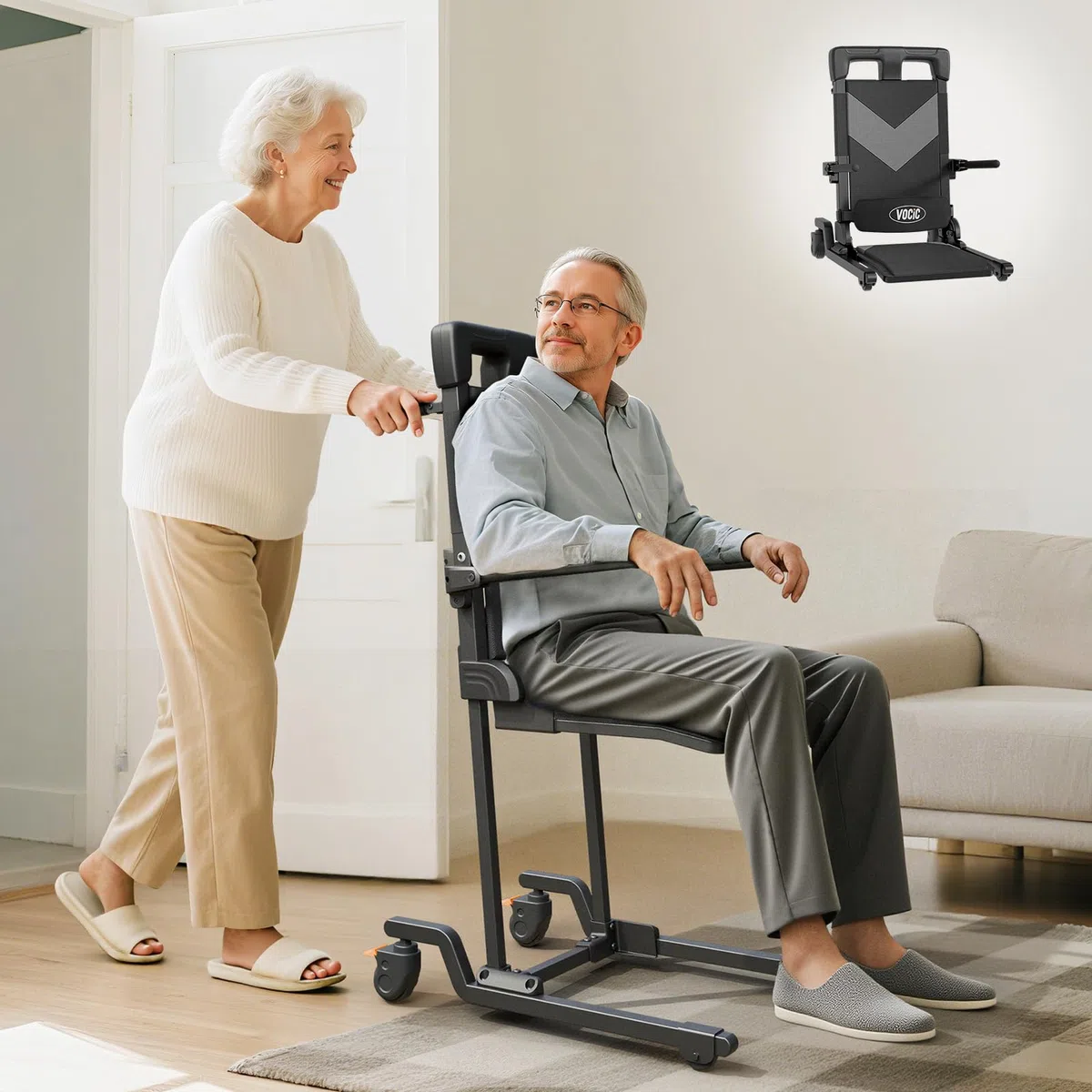 VOCIC AX35 - Sollevamento elettrico da terra con funzione di trasferimento, arrotolabile e mobile seduto per trasferimenti interni, portata fino a 160 kg, con 4 ruote e freni, compatta