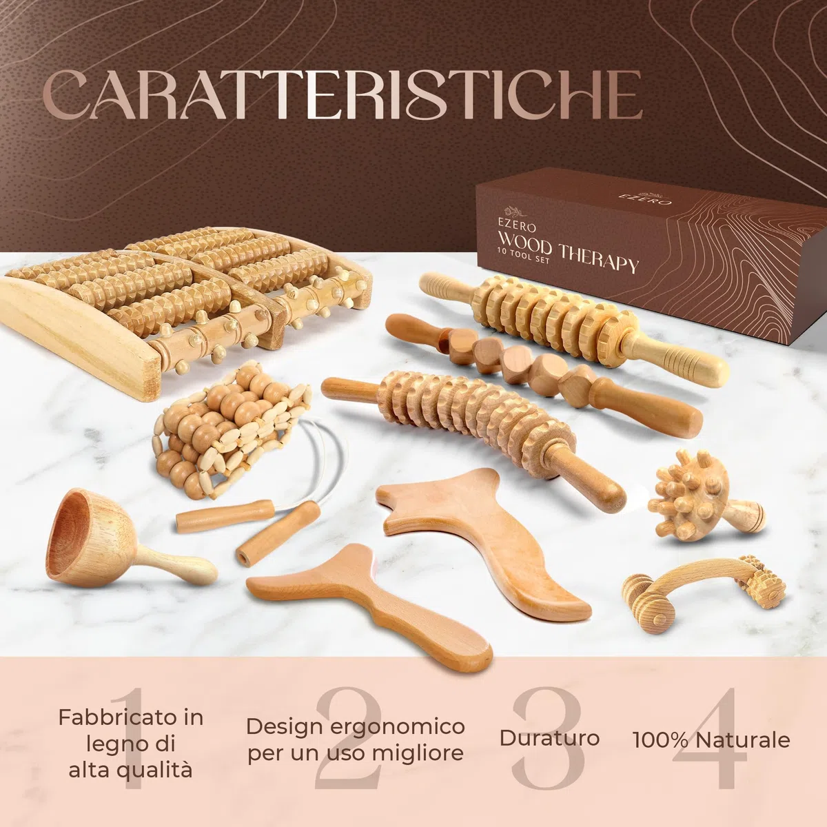 Ezero Maderoterapia Kit Legno 10 Pezzi con Bolsa e Manuale - Maderoterapia Rullo con Guasha Massaggio Corpo e Rullo Massaggio Cellulite - Massaggiatore Anticellulite - Massaggiatore Cellulite