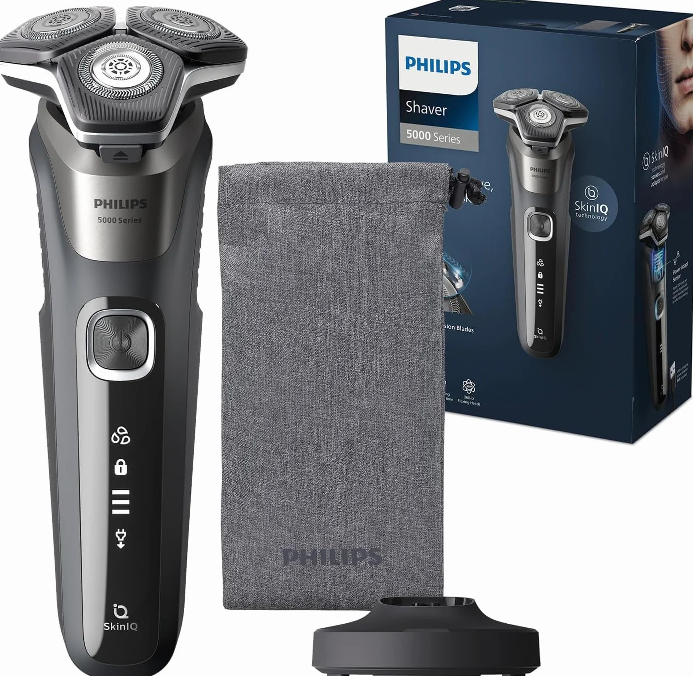 Rasoio elettrico Philips S5000 - Rasoio elettrico Wet & Dry in grigio carbonio con 1 rifinitore a scomparsa, astuccio morbido, cappuccio di protezione e supporto di ricarica (modello S5887/13)