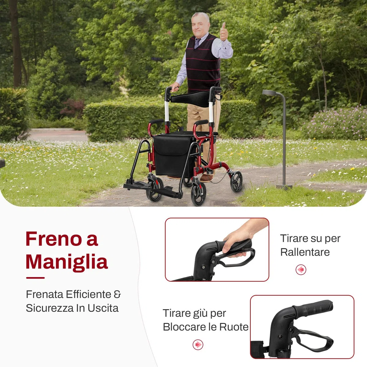 COSTWAY Deambulatore 2 in 1 per Anziani in Alluminio, Rollator Pieghevole e Regolabile in Altezza con Sedia, Schienale Reversibile, Manici Regolabili, Ruote, Poggiapiedi e Borsa Rimovibile (Rosso)