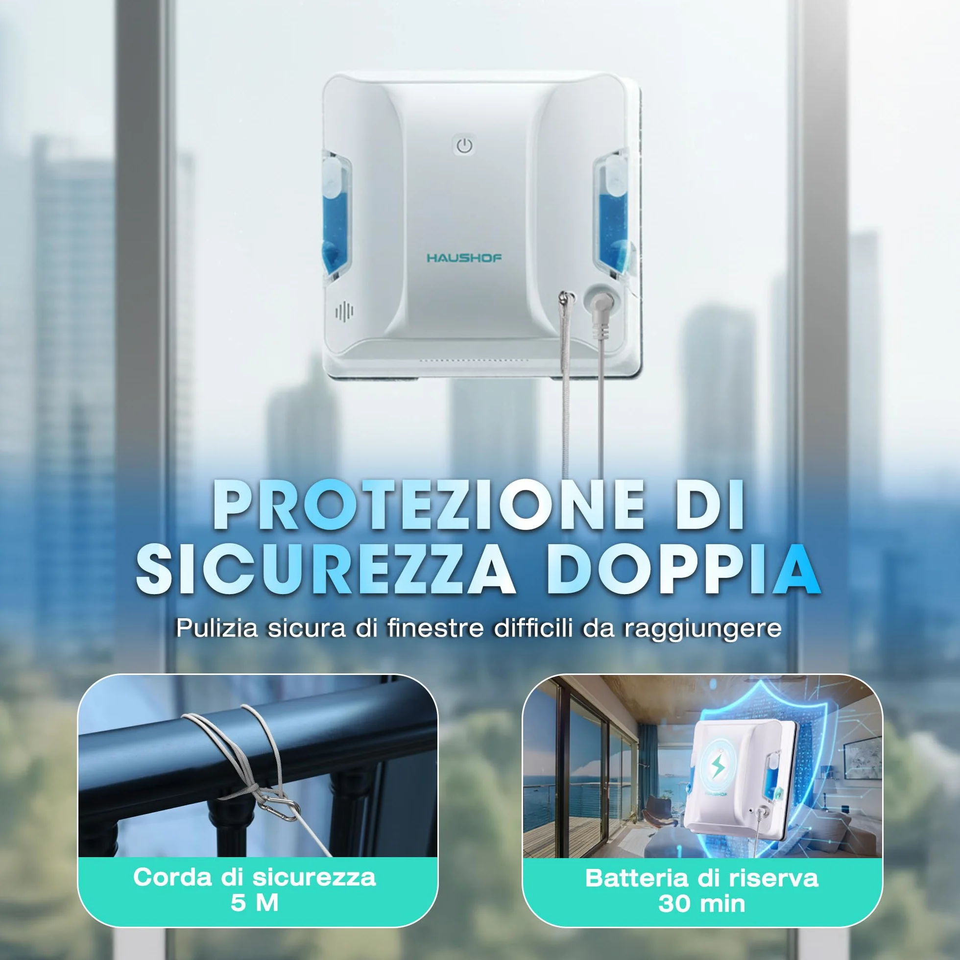 HAUSHOF Robot Lavavetri Finestre, Doppi Ugelli Spruzzo Ultrasonico, Percorso Intelligente, 3 Modalità Pulizia