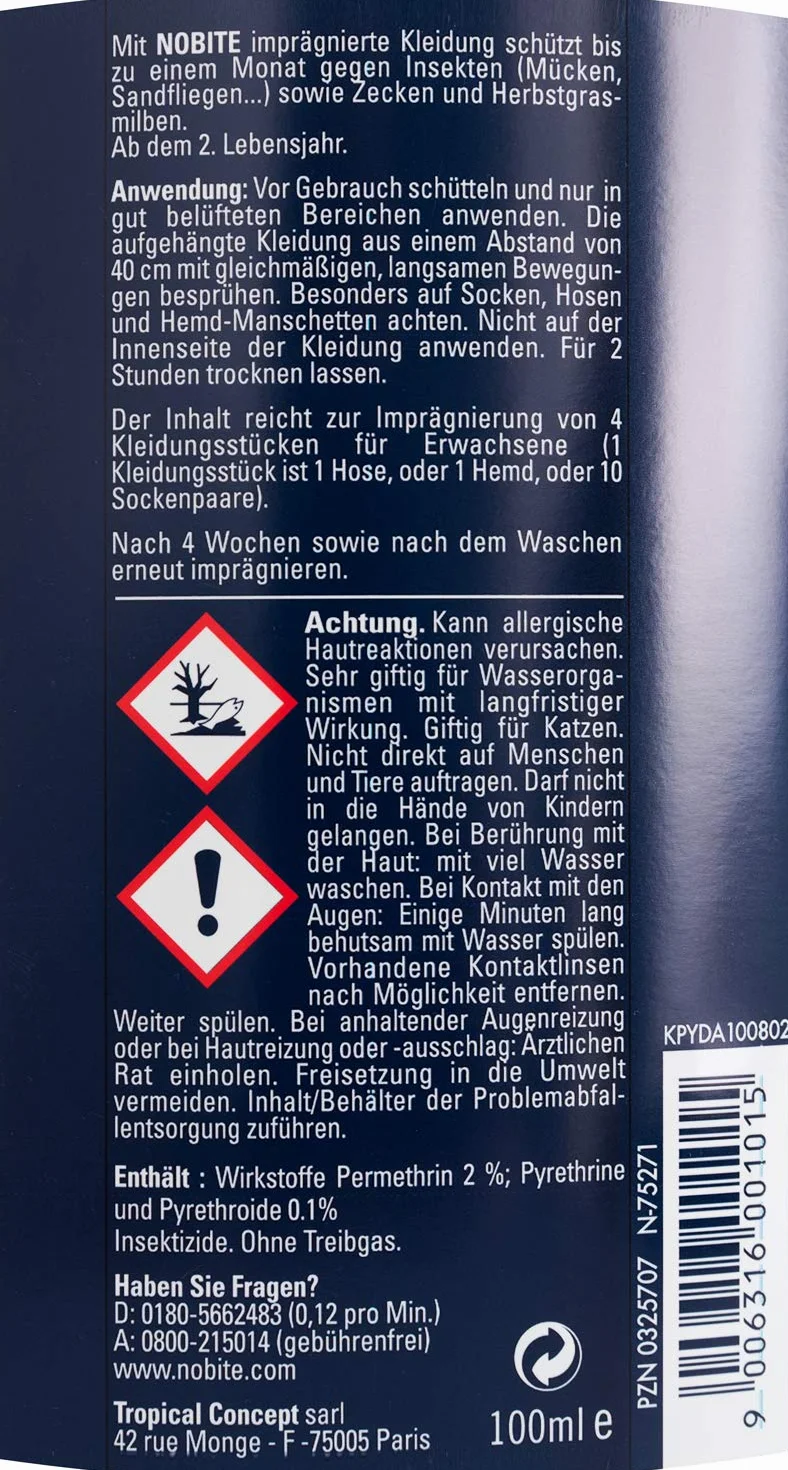 NOBITE Spray Abiti Permetrina 3x100ml Repellente Antizanzare per Vestiti