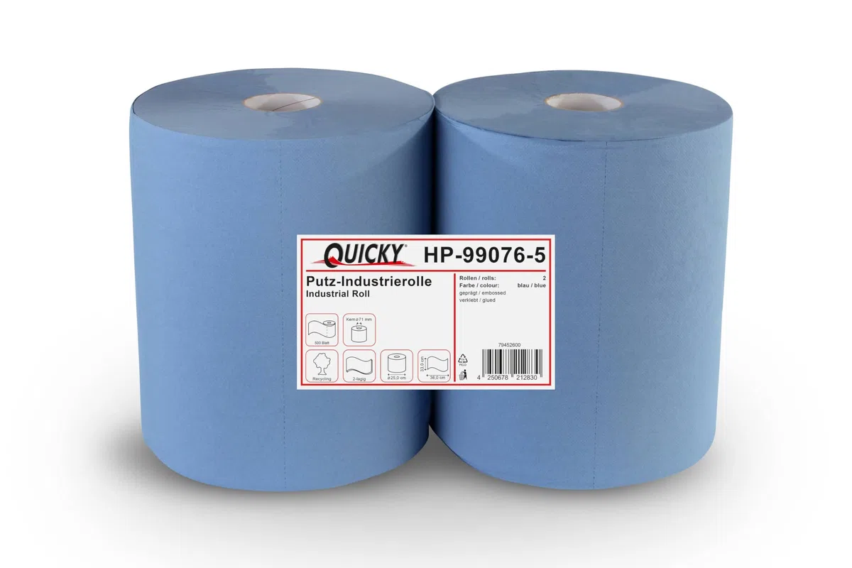 Quicky Rotolo di panno per la pulizia, 2 strati, colore blu, 2 rotoli da 500 fogli, assorbente, perfetto per officina, industria, cucina, ecc.