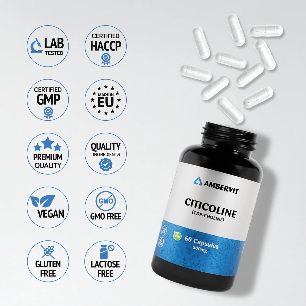 Citicolina 500 mg 60 Capsule CDP Colina integratore Alta Concentrazione Memoria Concentrazione Prestazioni Mentali Ambervit
