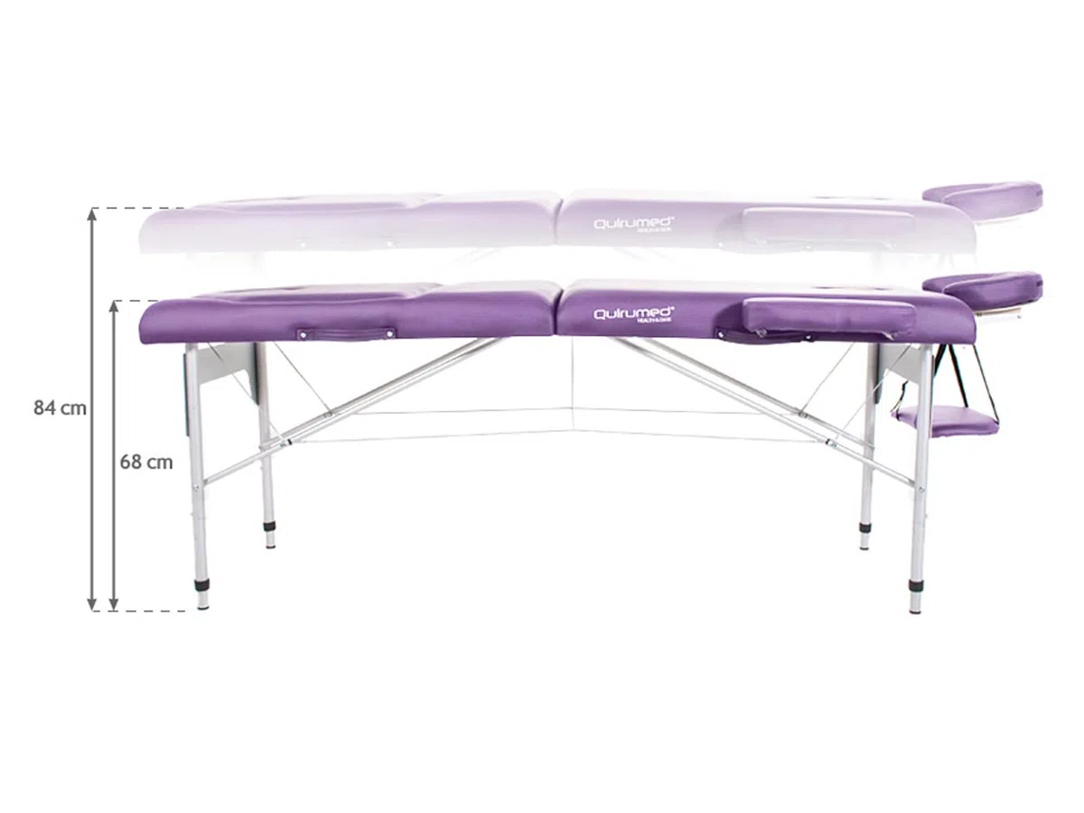 QUIRUMED Lettino da massaggio pieghevole in alluminio, 186 x 66 cm, imbottito 14 cm, similpelle, colore viola, altezza regolabile, schienale ribaltabile, leggero, fino a 150 kg