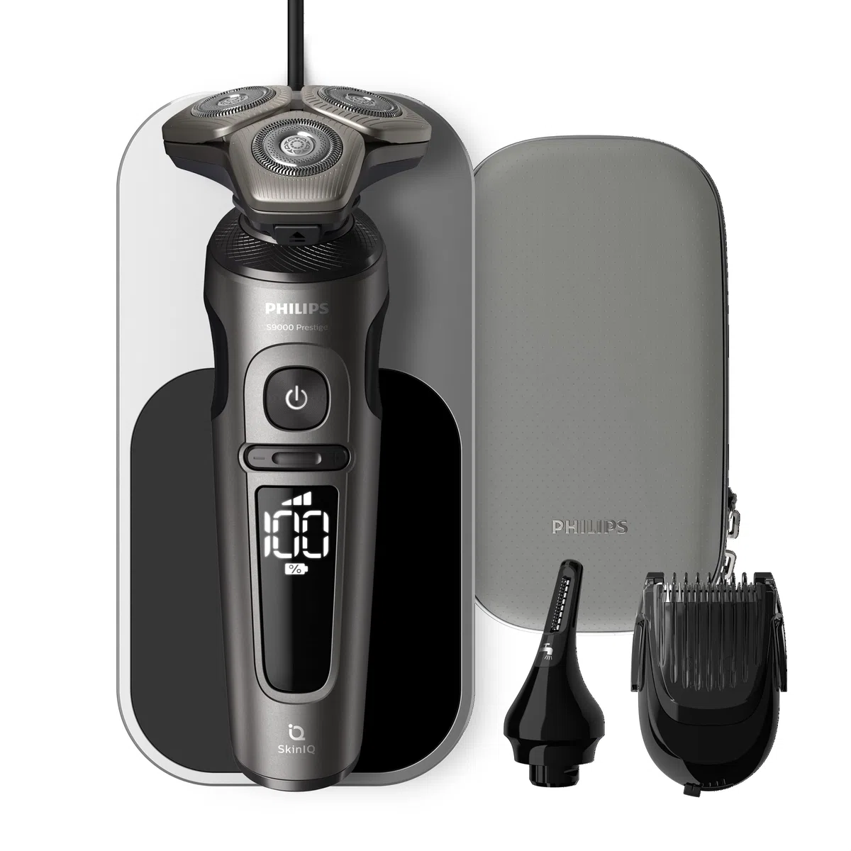 Philips Rasoio elettrico Serie 9000 Prestige, secco e umido, cromo brillante, rasatura Lift & Cut, tecnologia SkinIQ, base di ricarica Qi, regolabarba, rifinitore per il naso (modello SP9871/22)