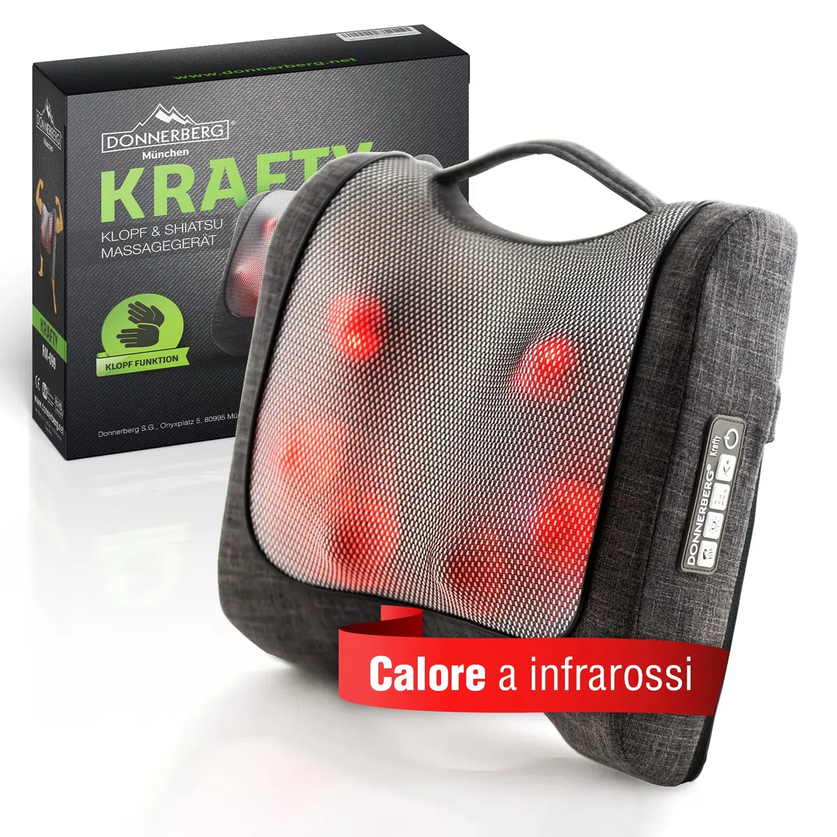 Massaggiatore per schiena 4D Donnerberg L’Originale-Qualità tedesca-Cuscino massaggiante-Ideale per casa, ufficio,auto-Profondo rilassamento-Shiatsu tapping e Infrarossi-10 testine massaggianti