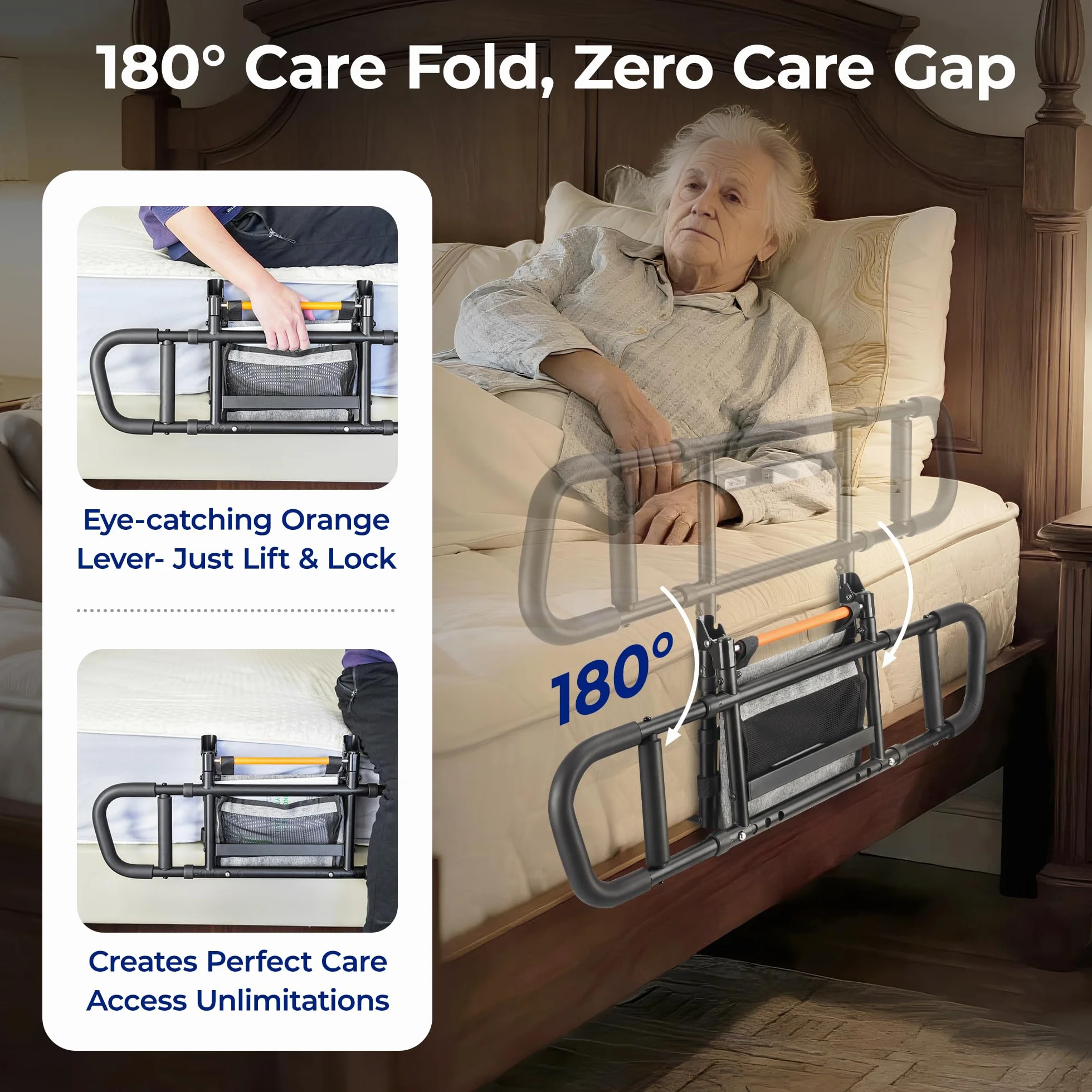 C5 Sponda Letto Anziani Regolabile e Pieghevole, Altezza/Larghezza Aggiustabile Sponde, Disabili, Sbarra con LED, Assistenza Alzarsi e Cura, Matrimoniale