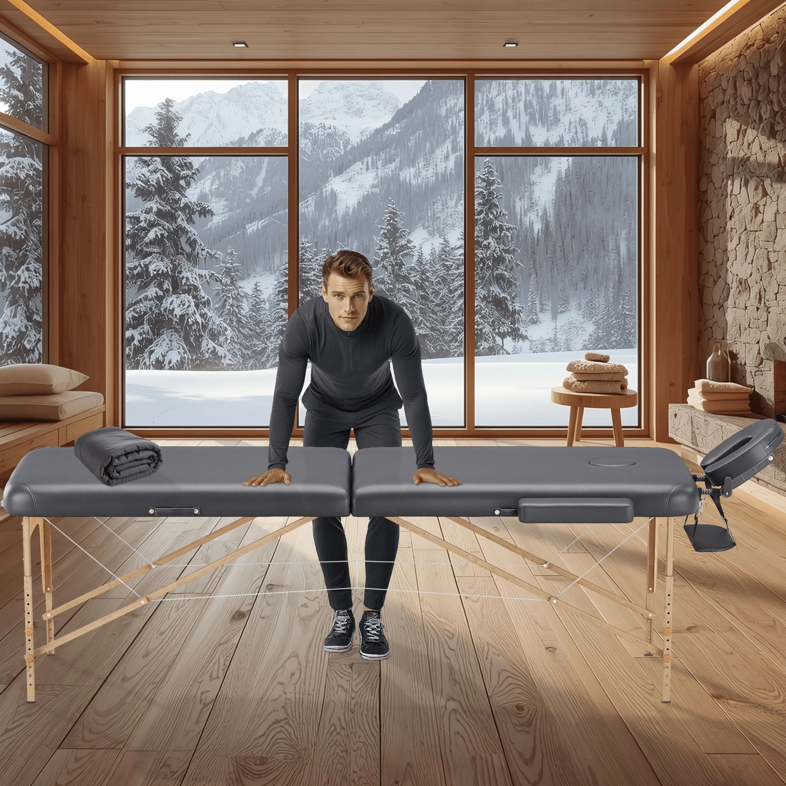 Beltom Lettino da Massaggio 2 Zone in Legno Portatile 185 x 60 cm 11,7 kg Nero