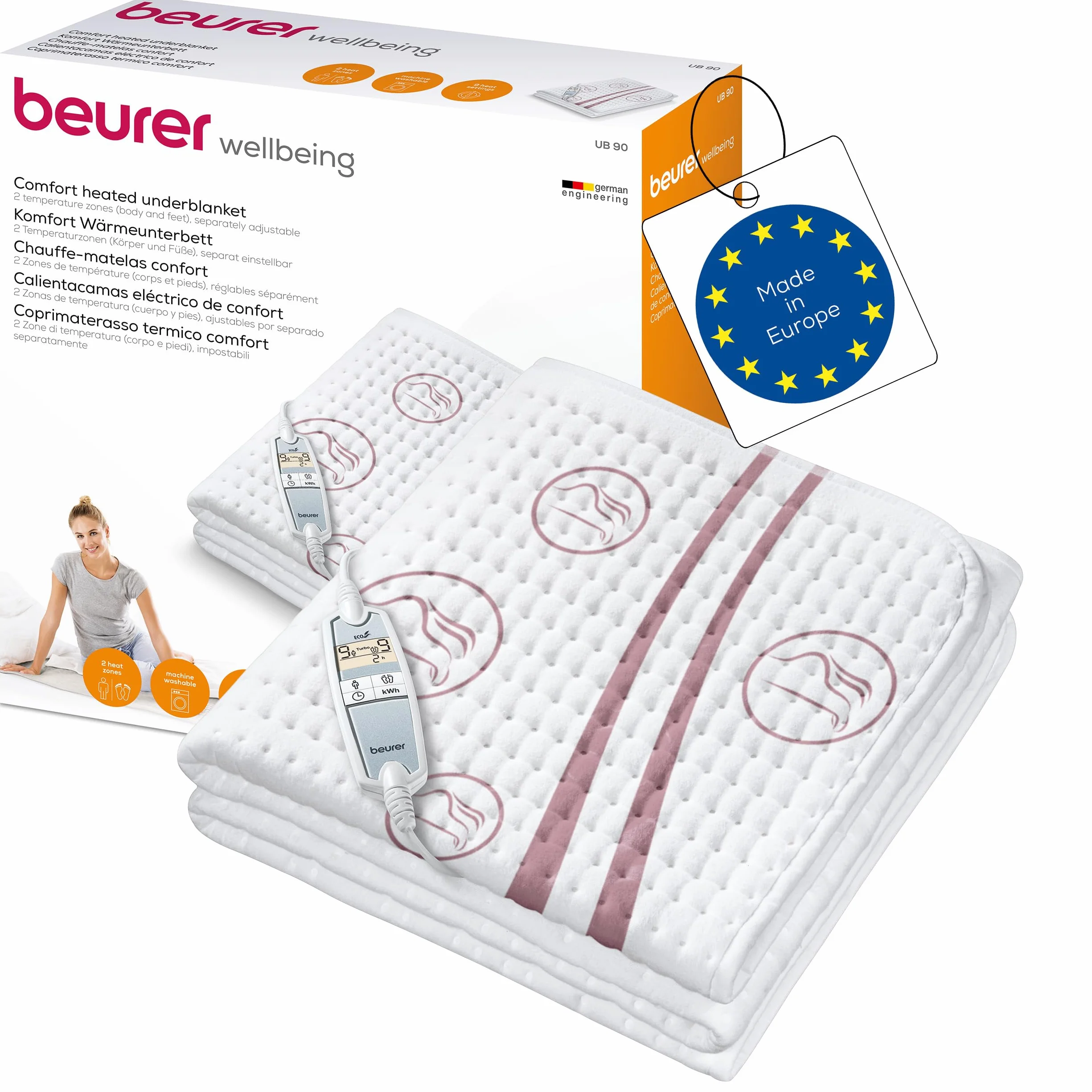 Beurer Ub 90, Coprimaterasso Termico, Scaldaletto Singolo, Riscaldamento Rapido E 2 Zone Di Temperatura Regolabili In 9 Livelli Cad, Bianco, 150 x 80 x 0.1 cm; 1.3 Kg