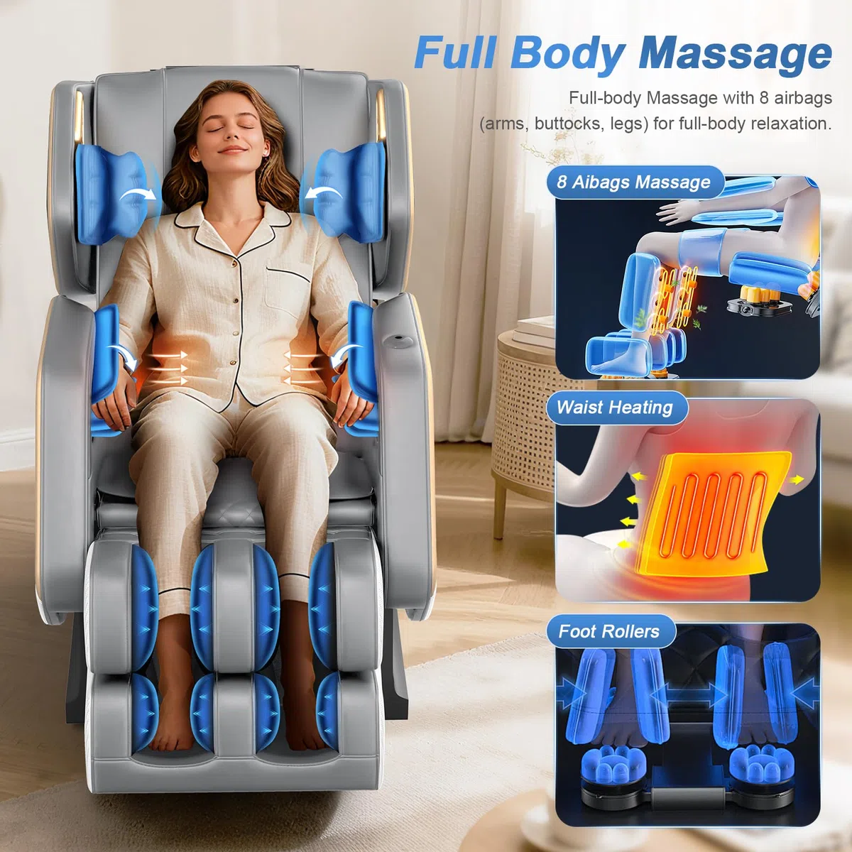 Poltrona massaggiante, Poltrona reclinabile con massaggio completo a 14 rulli, 8 airbag massaggianti, funzione di riscaldamento, massaggio ai piedi, altoparlante Bluetooth, telecomando touch