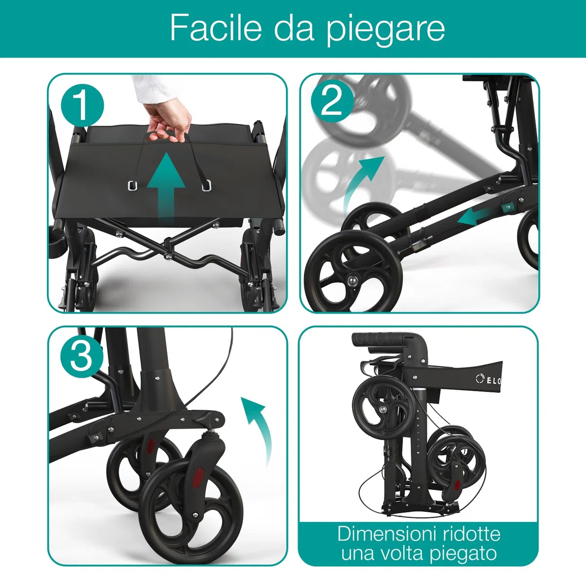 ELONEO Deambulatore con Seduta - Girello per Anziani con 4 Ruote Leggero, in Alluminio, 8 Altezze Regolabili, Deambulatore Pieghevole con Borsa e Porta Ombrello, Adatto all'Auto (Nero)