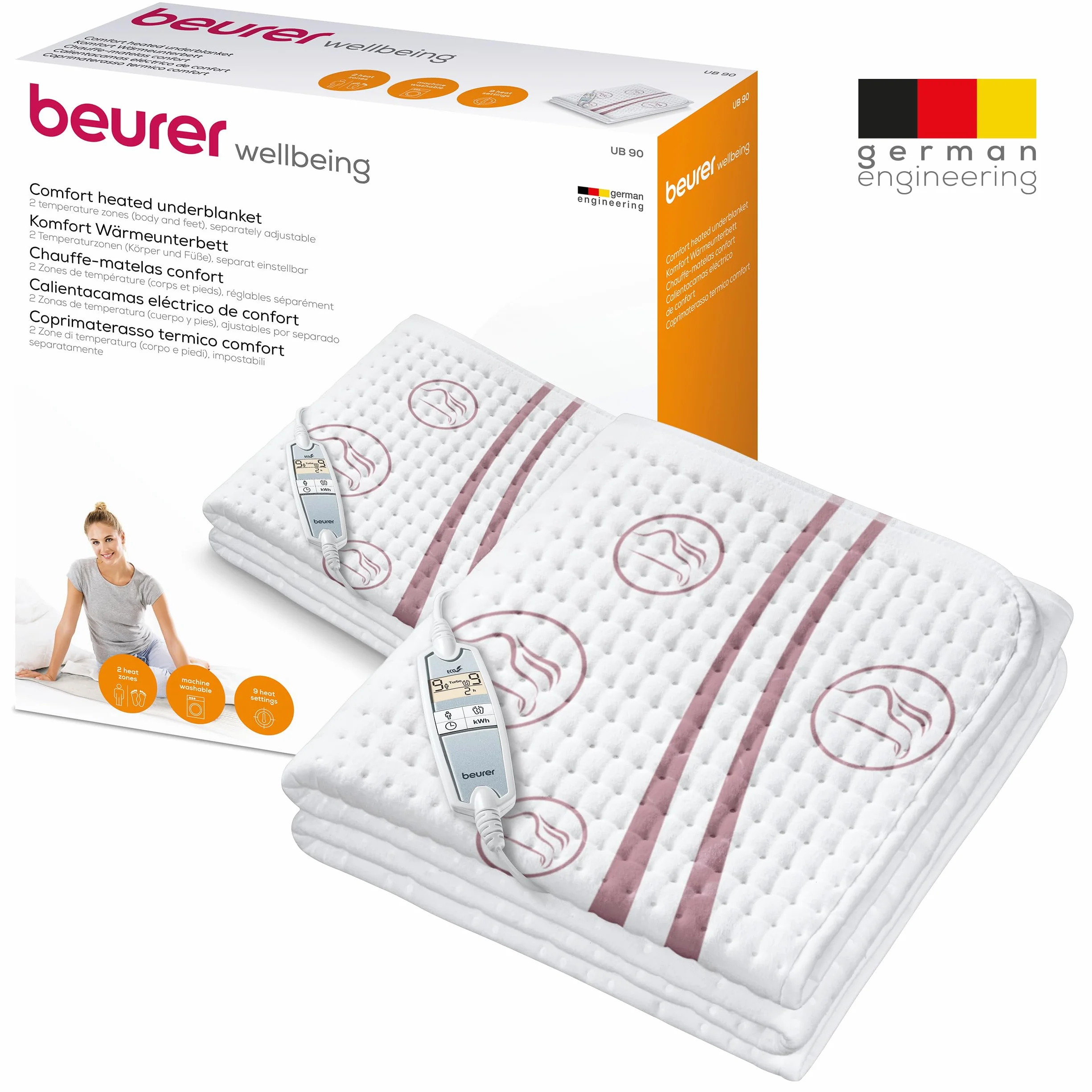 Beurer Ub 90, Coprimaterasso Termico, Scaldaletto Singolo, Riscaldamento Rapido E 2 Zone Di Temperatura Regolabili In 9 Livelli Cad, Bianco, 150 x 80 x 0.1 cm; 1.3 Kg