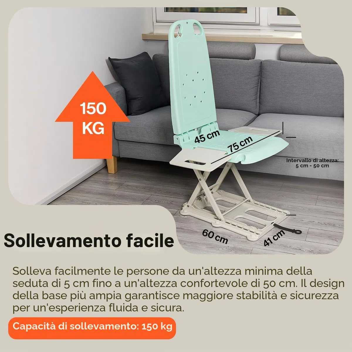 SuperHandy GoRise LT Sollevatore Portatile per Pavimento e Bagno - Leggero, Pieghevole, Capacità 150 Kg, Impermeabile, Sedile Ergonomico con Pannelli Rimovibili, 8,6 Kg [Brevetto in Corso]