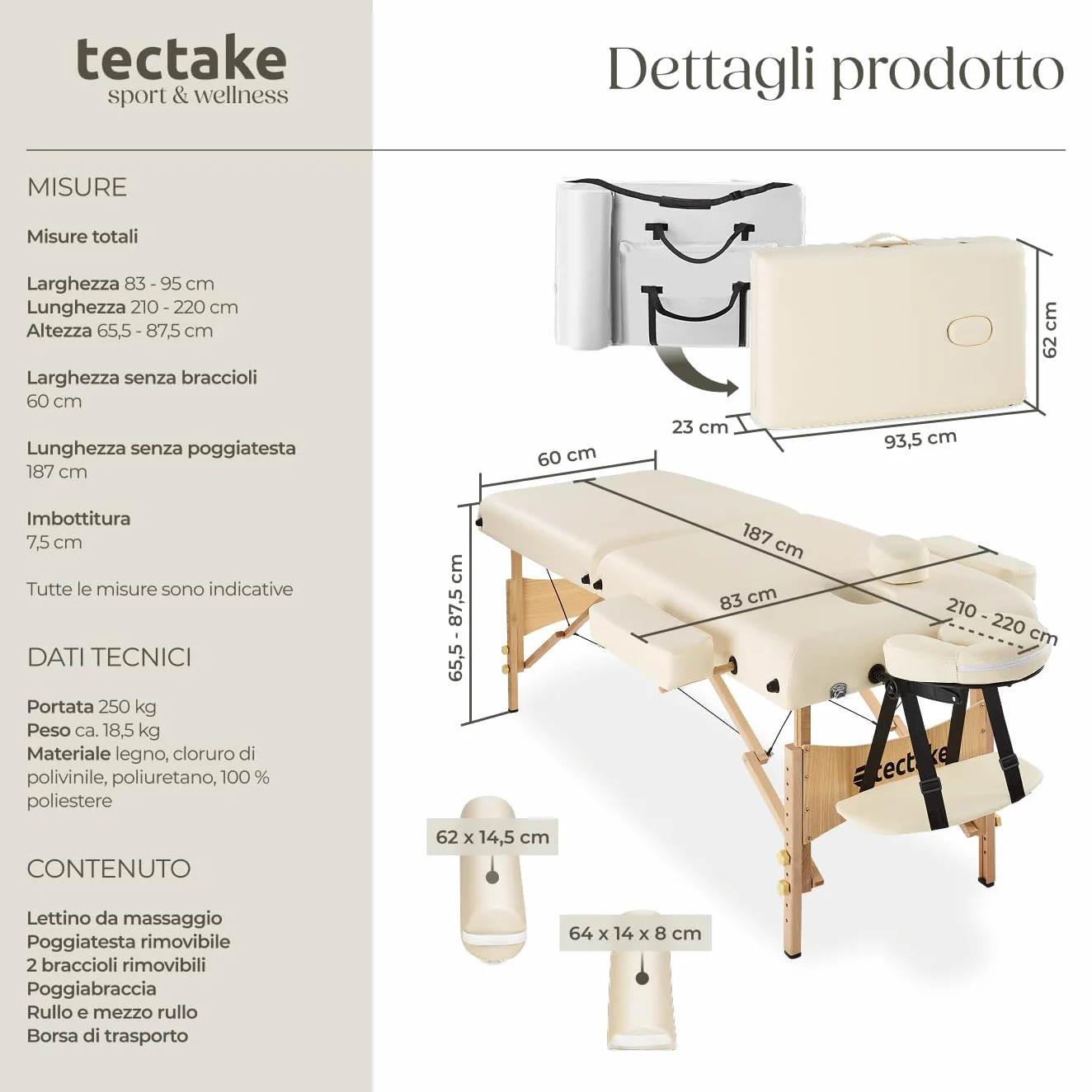 tectake Set Lettino Massaggio a 2 Zone con Rulli Portatile Pieghevole 7,5 cm Beige