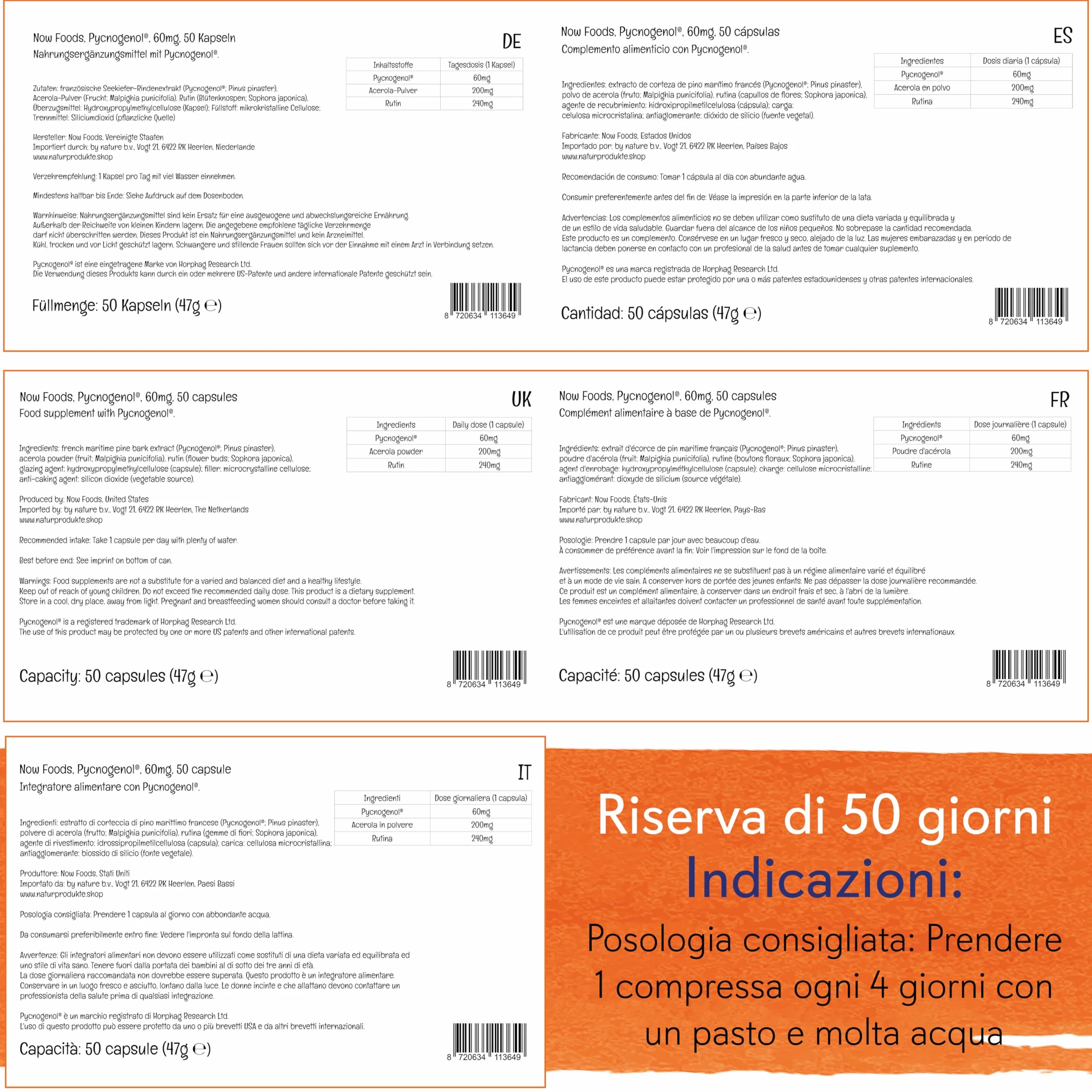 Now Foods Pycnogenol 60mg 50 Capsule Vegane Testato in Laboratorio