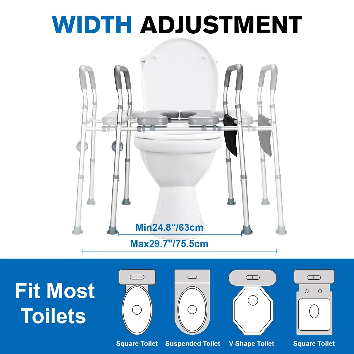 Rialzo WC Regolabile per Anziani e Disabili, Altezza 74-86 cm, Larghezza 50-60 cm, con Braccioli e Portariviste, Bianco