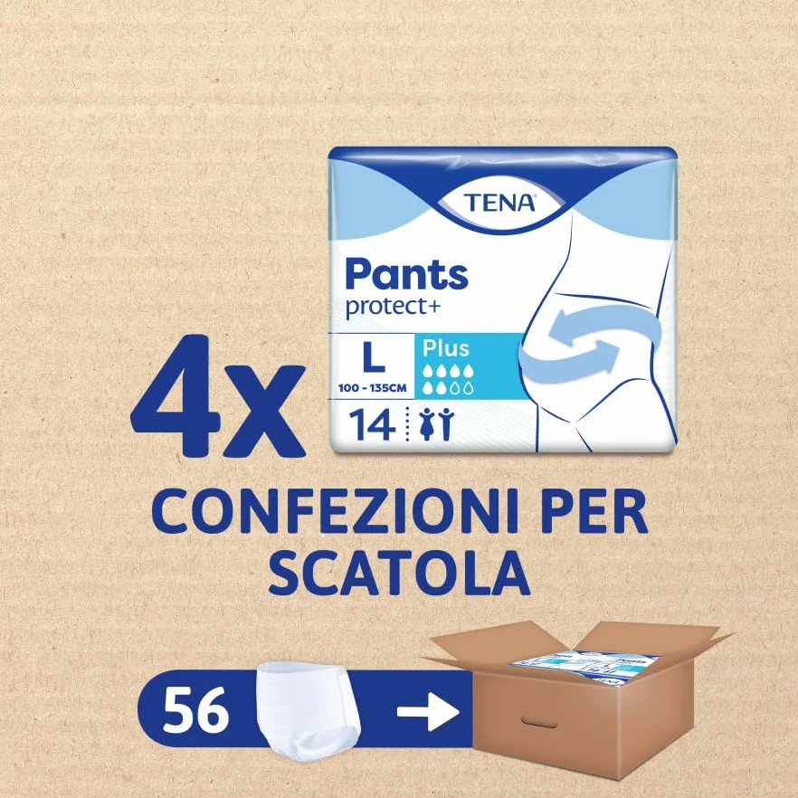 TENA Pants Plus Large (L) Mutandine Assorbenti Monouso per Perdite Urinarie, 4x14 Pezzi