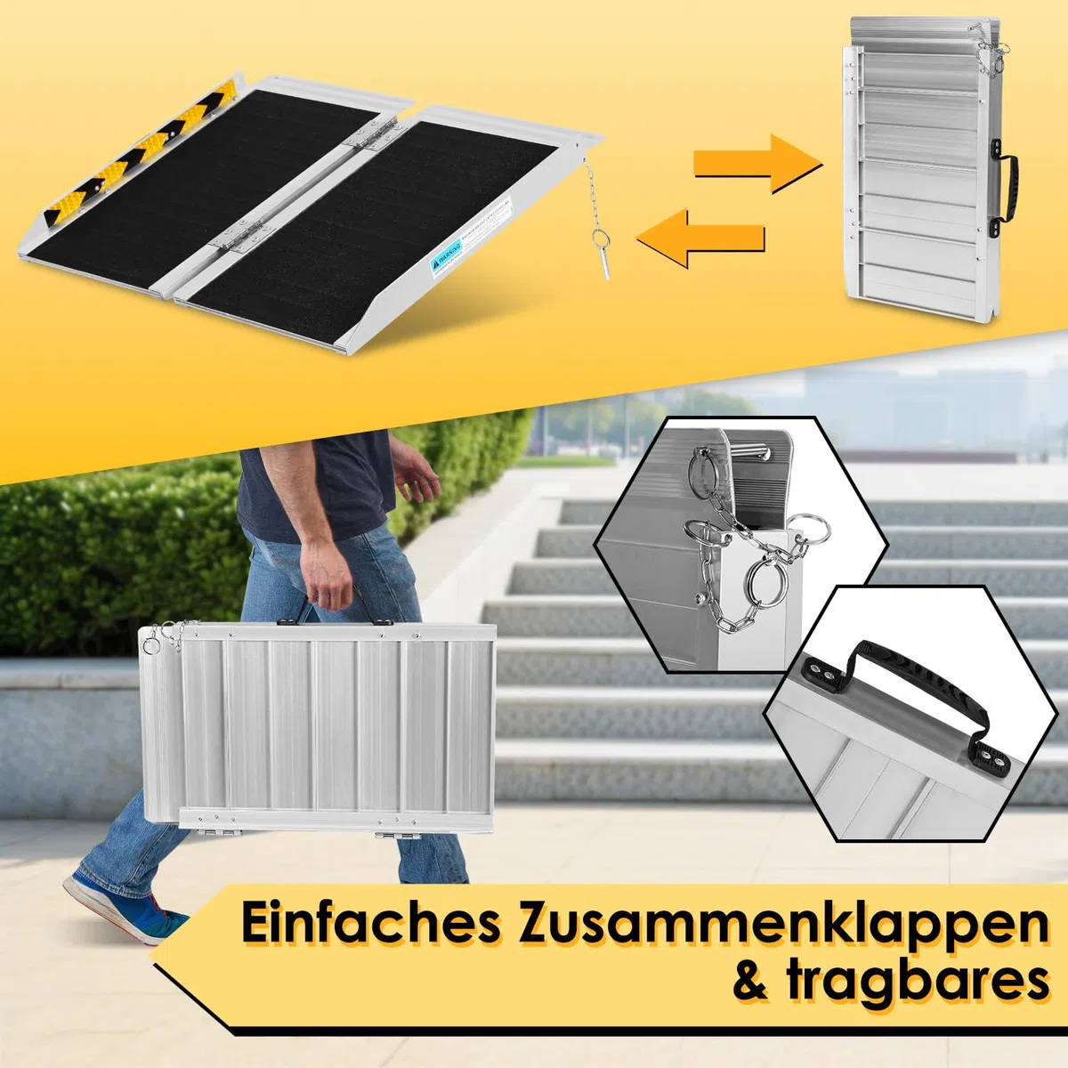 Rampa portatile per sedia a rotelle 61 cm, rampa per sedia a rotelle in alluminio, rampa antiscivolo per sedia a rotelle, guida di accesso mobile resistente fino a 270 kg, rampa pieghevole per